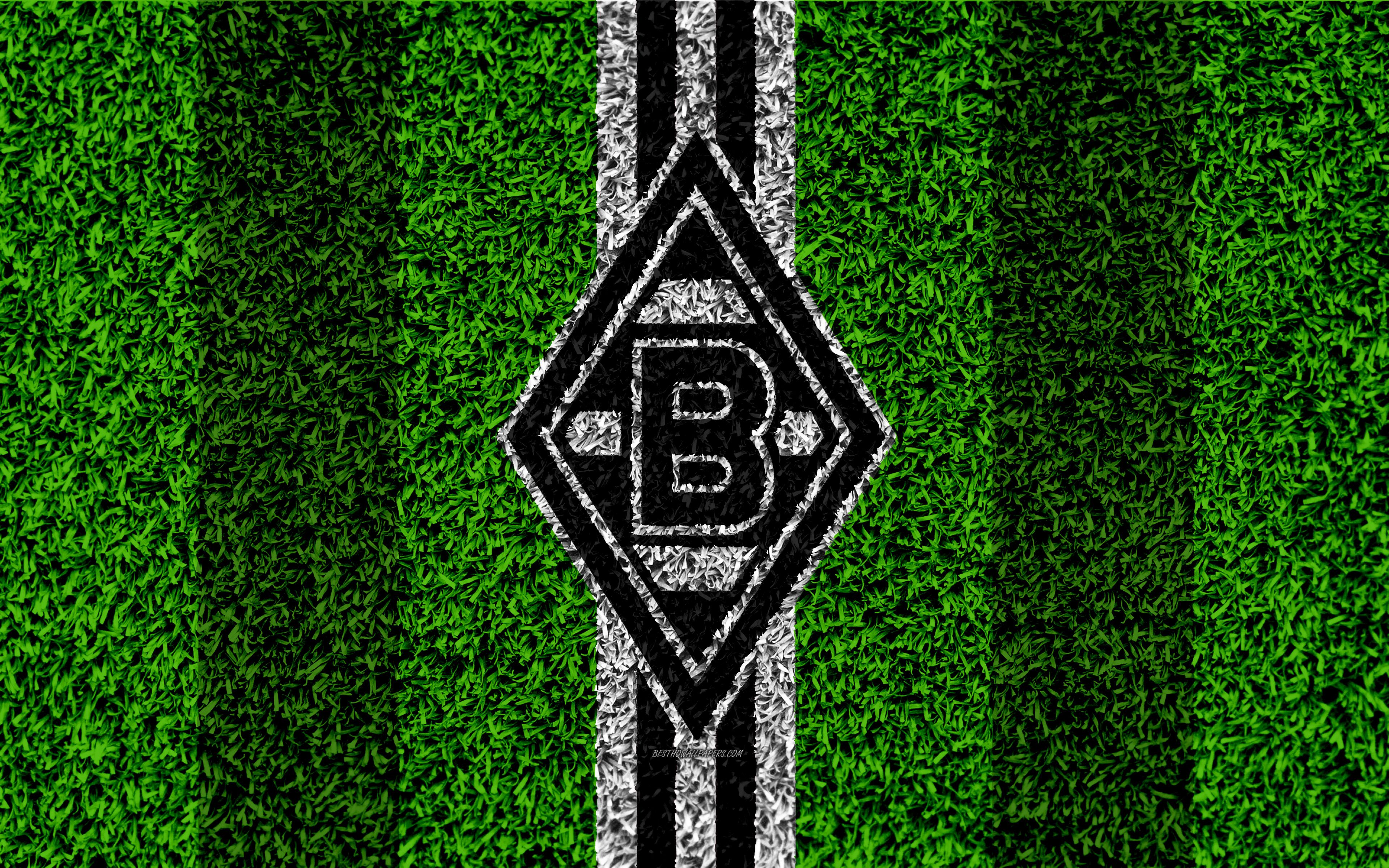 Borussia Mönchengladbach, Wappen, Rasen, Fußballfeld, 16:10, 4K-Hintergrundbild für den Desktop