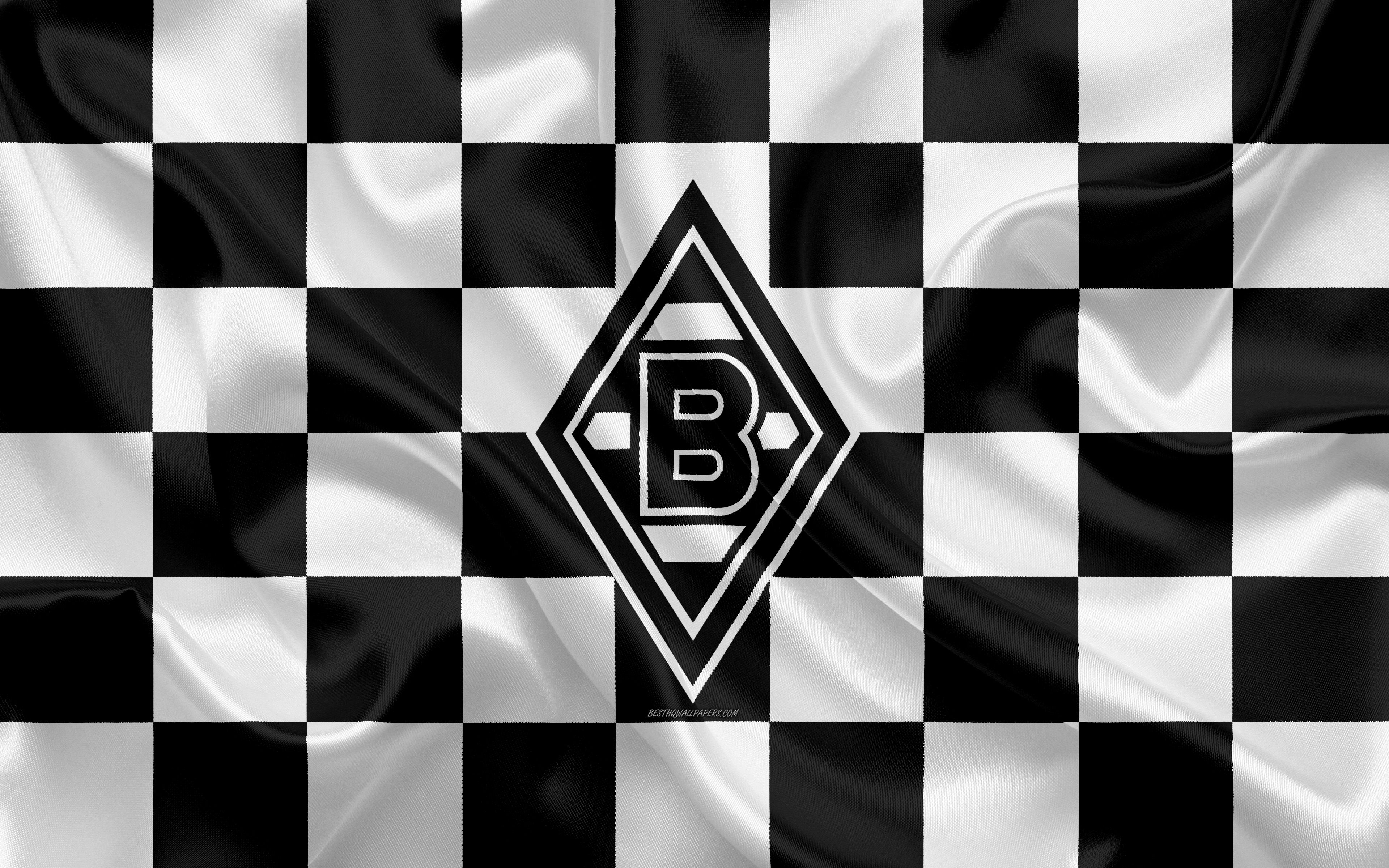 Borussia Mönchengladbach, Wappen, Schachbrettmuster, Fahne, 4K, Laptop-Hintergrundbild