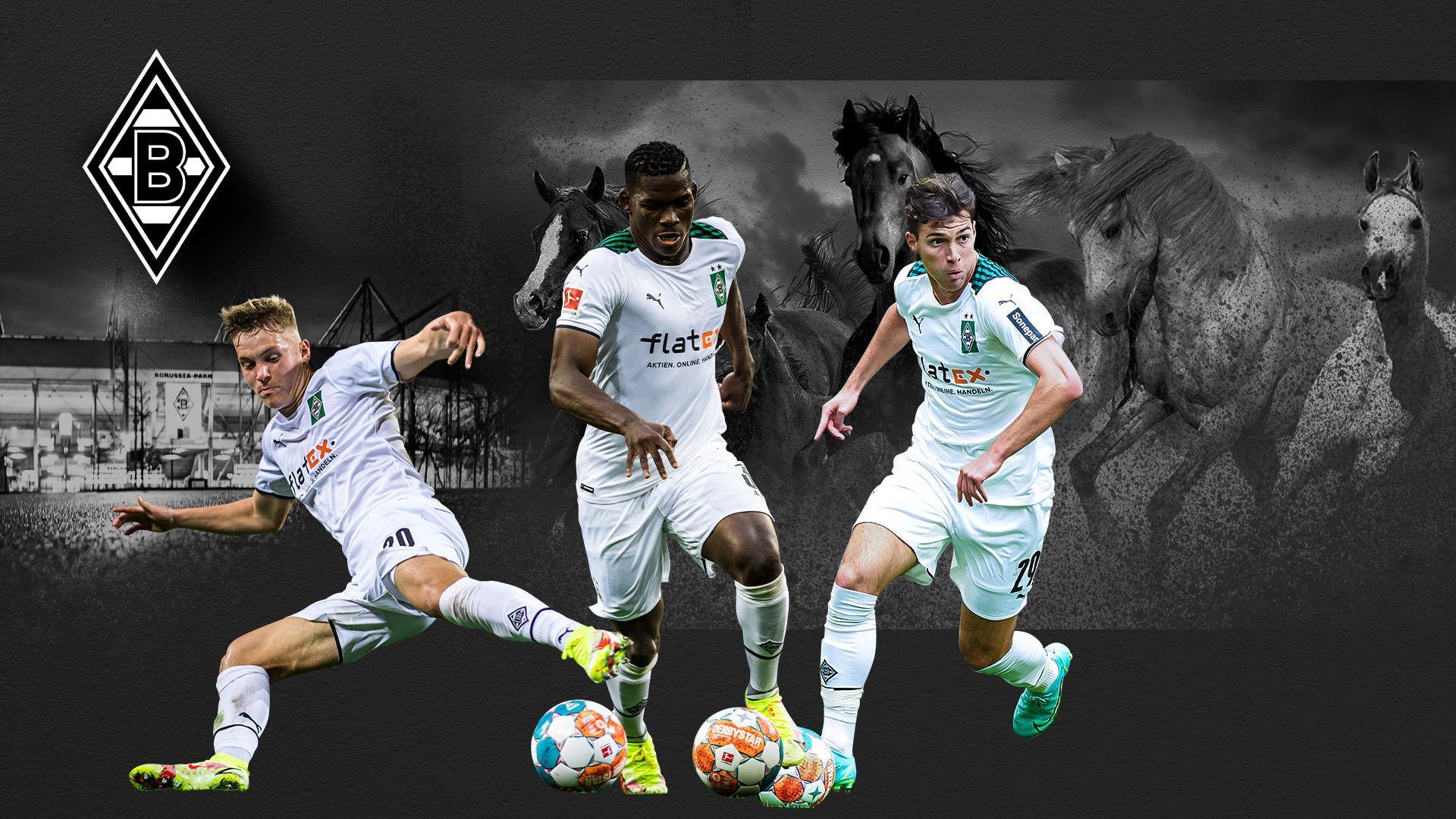 Borussia Mönchengladbach, Spieler, Collage, Fohlen, Schwarz-weiß, Full HD, PC-Hintergrundbild