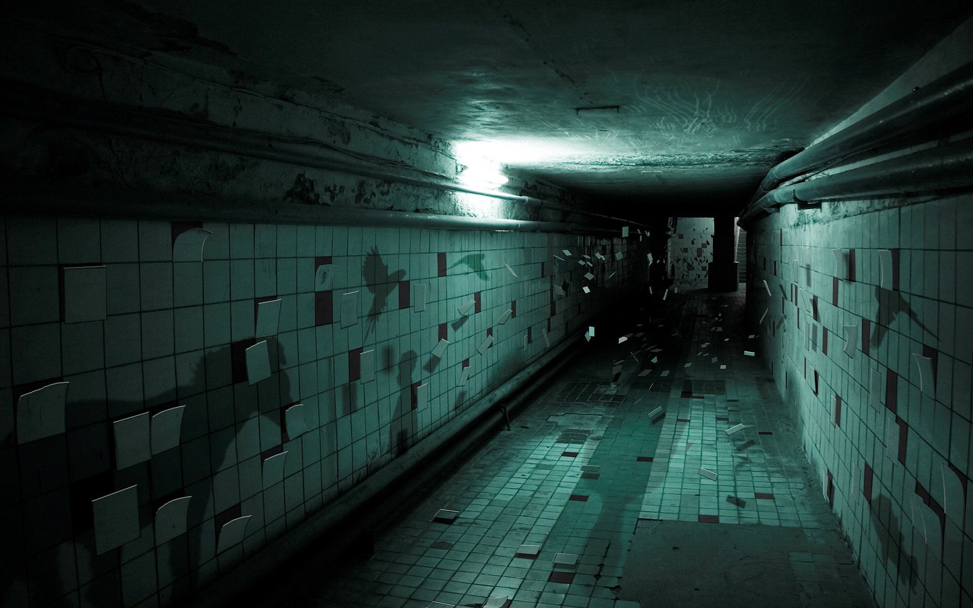 Verlassener Tunnel, Gekachelte Wände, Lost Place, Düster, Türkis, Full HD, Breitbild-Hintergrundbild