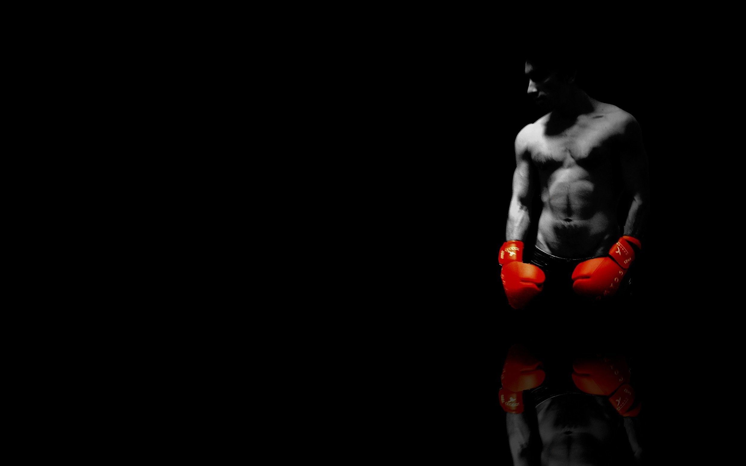 Boxer, Rote Boxhandschuhe, Schwarzer Hintergrund, Spiegelung, Full HD Wallpaper