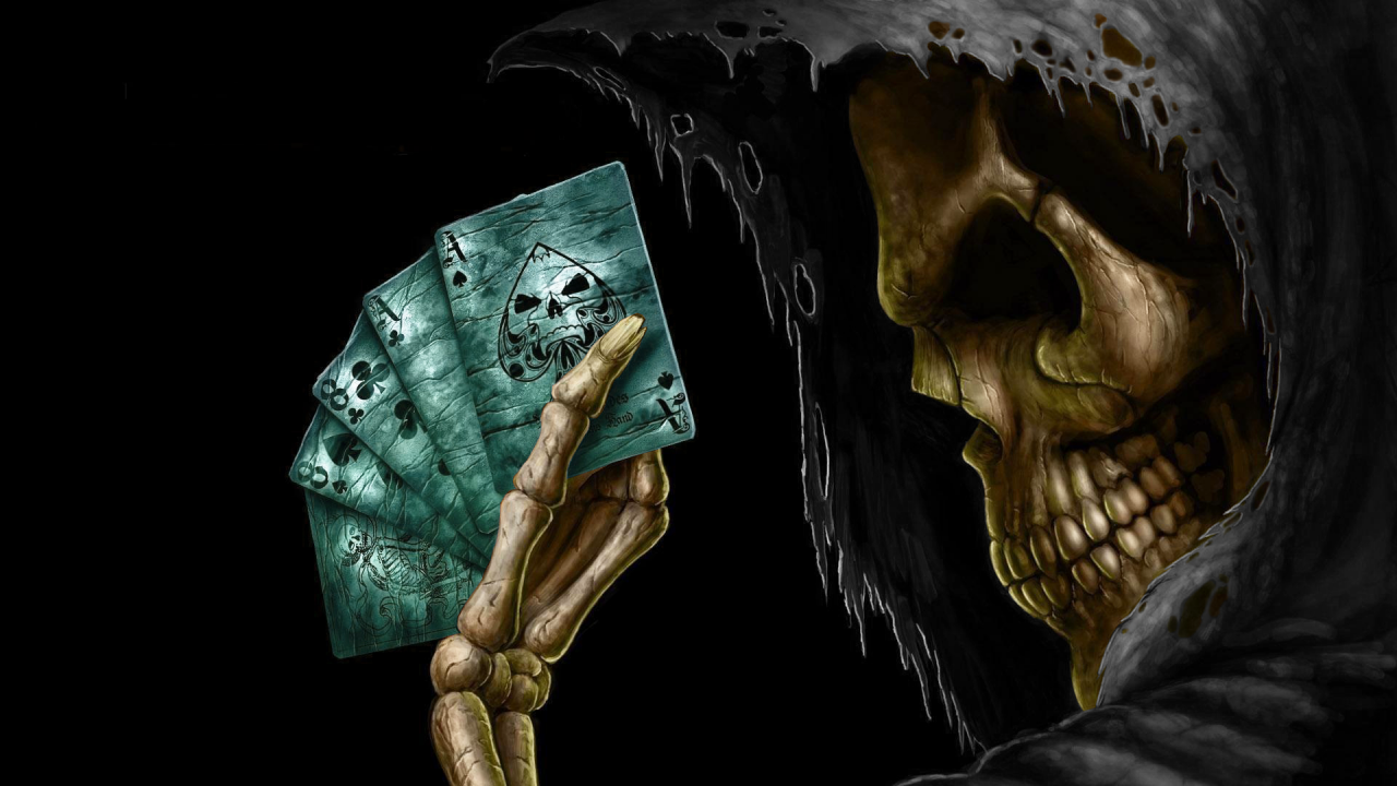 Sensenmann, Totenkopf, Spielkarten, Skeletthand, Kapuze, HD, Windows-Hintergrundbild