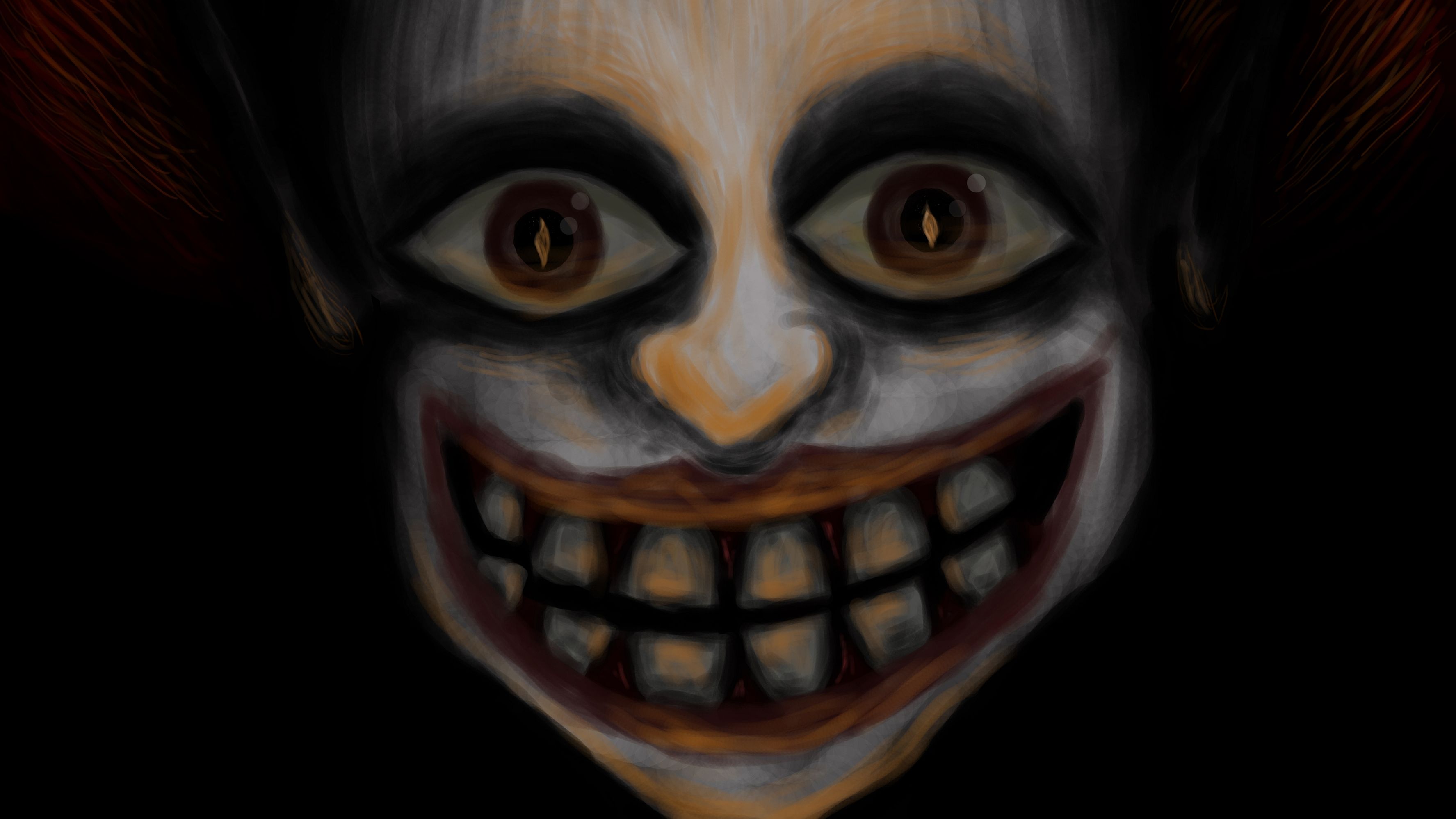 Grinsendes Gesicht, Große Augen, Zähne, Horrorfigur, Dunkel, 2K, Windows-Hintergrundbild