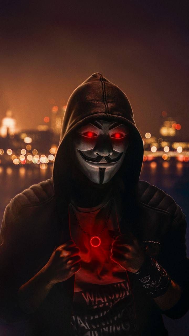 Guy-Fawkes-Maske, Kapuze, Rote Augen, Nacht, Stadtlichter, HD, Handy-Hintergrund