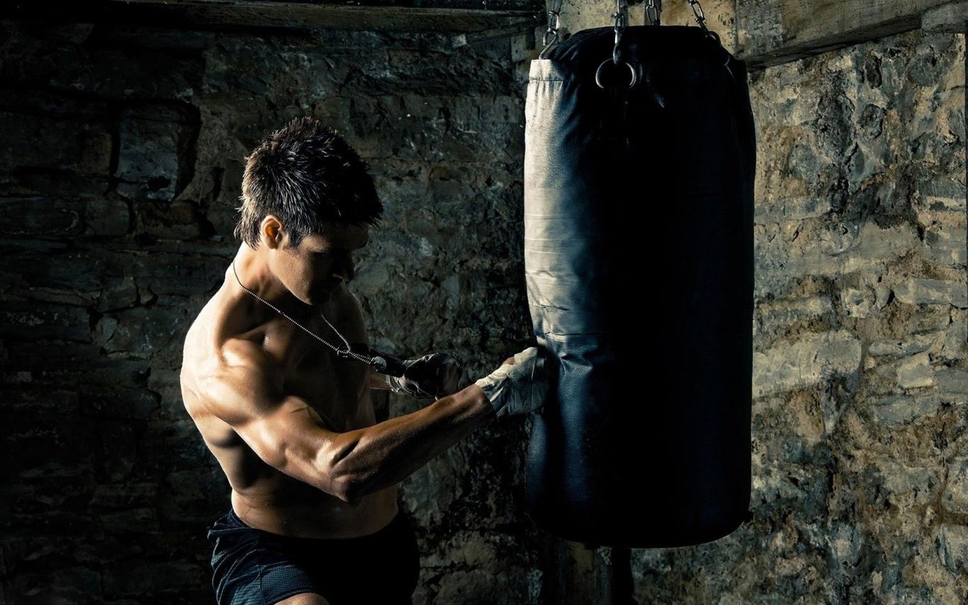 Boxer, Sandsack, Steinmauer, Training, 16:10, HD-Hintergrundbild für den Desktop