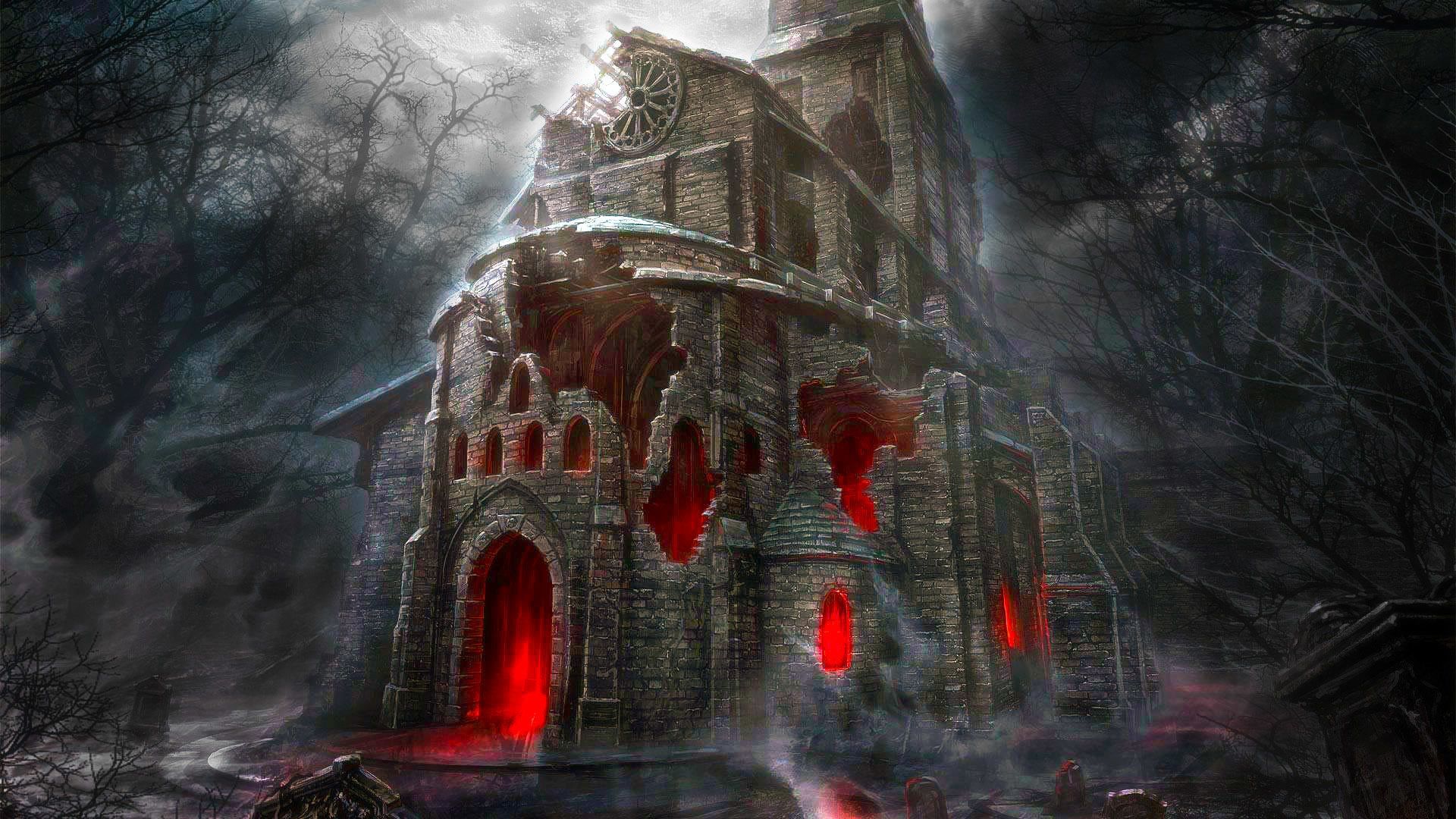 Spukhaus, Blut, Gotische Kirche, Nebel, Düster, Full HD, Desktop-Hintergrund für Windows