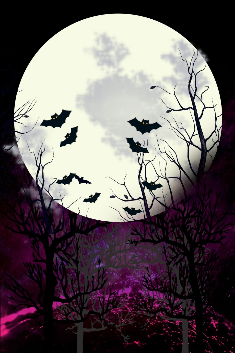 Vollmond, Fledermäuse, Kahle Bäume, Halloween, Lila, HD, Hintergrundbild fürs Handy