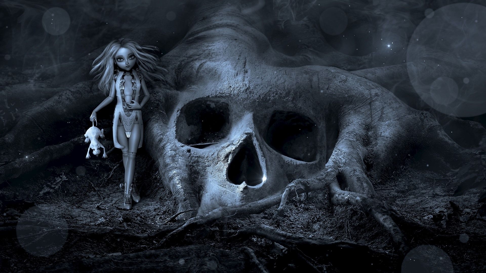 Riesiger Totenkopf, Puppe, Mädchen, Düster, Fantasie, Full HD 1080p, Desktop-Hintergrundbild