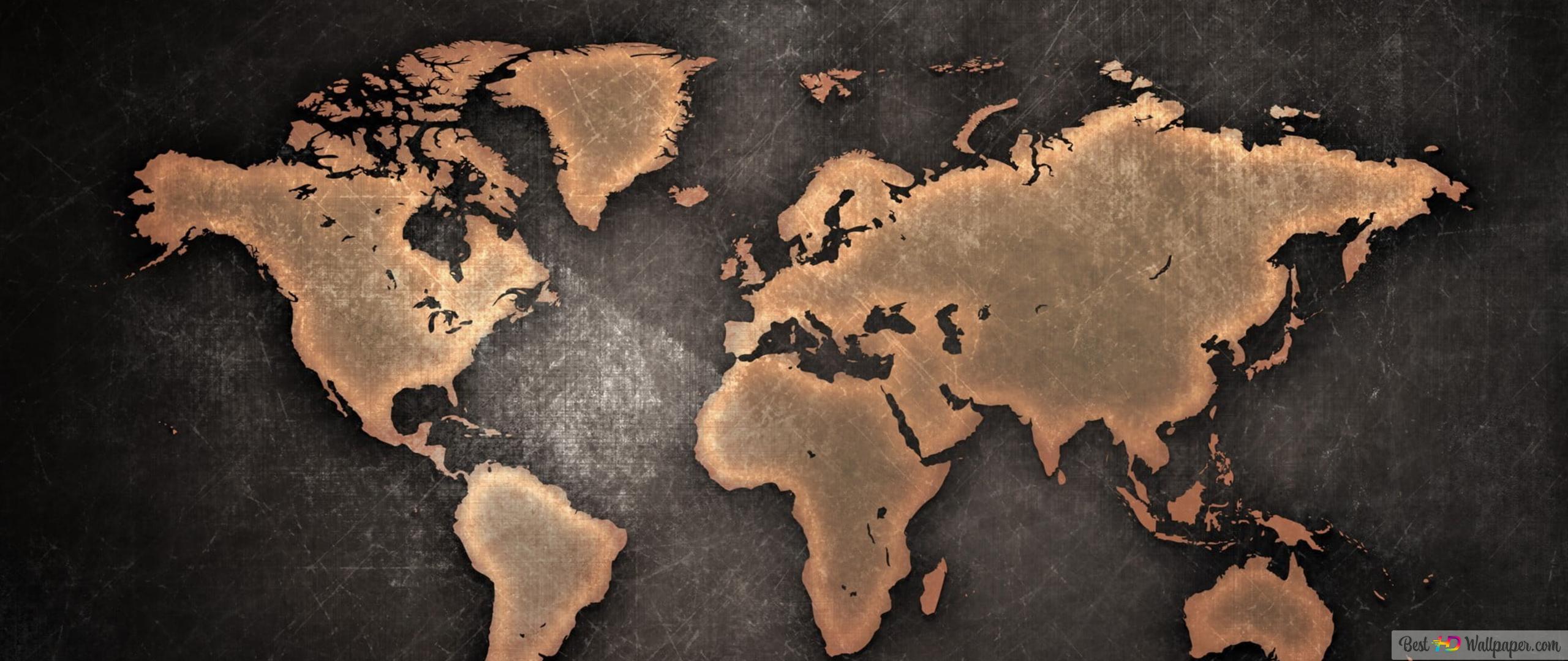 Weltkarte, Kupfer, Kontinente, Dunkler Hintergrund, 2K Wallpaper