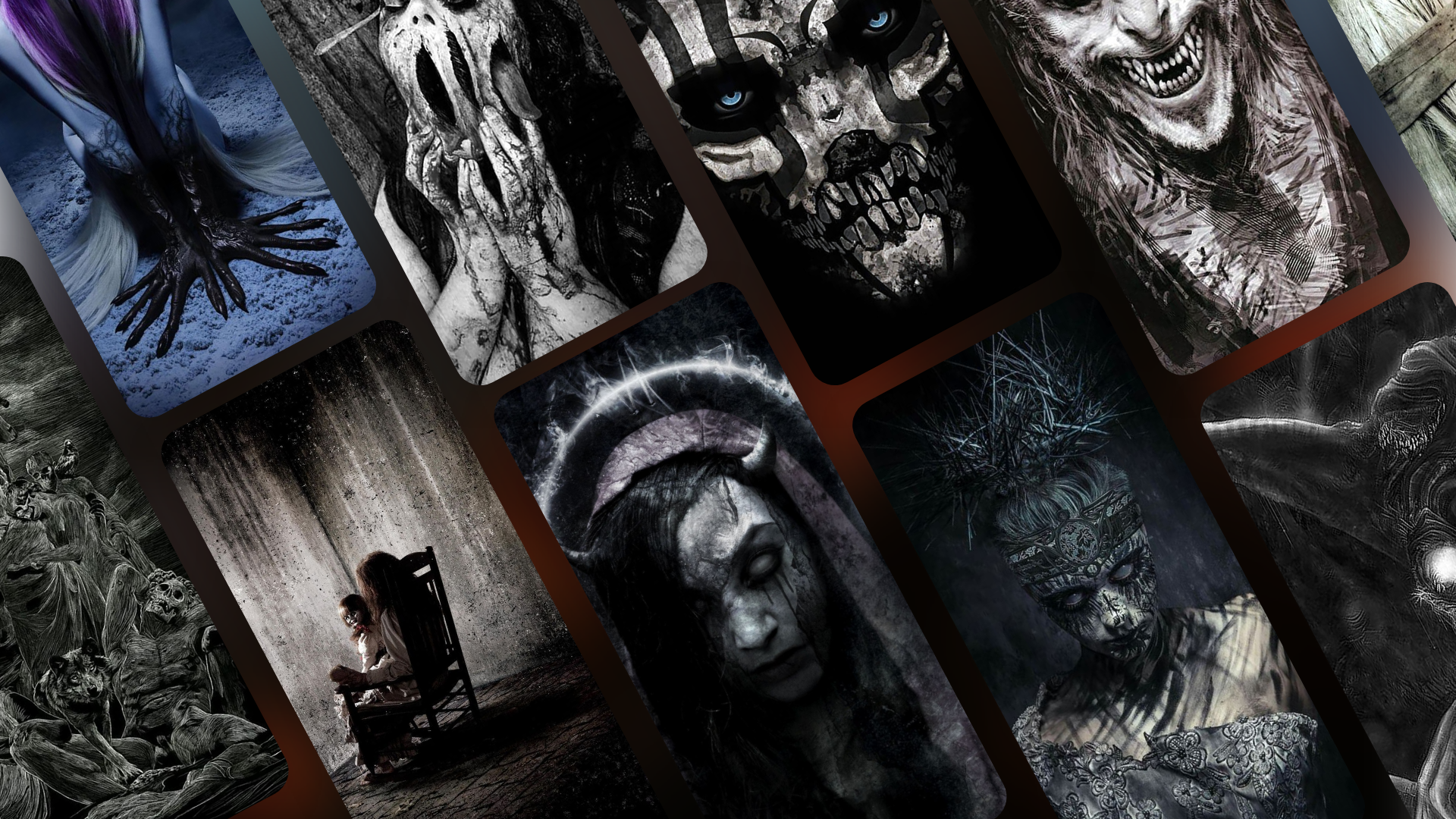 Collage, Horrorfiguren, Dämonen, Düster, Schwarz-Weiß, 16:9, Full-HD-Hintergrundbild für den Desktop