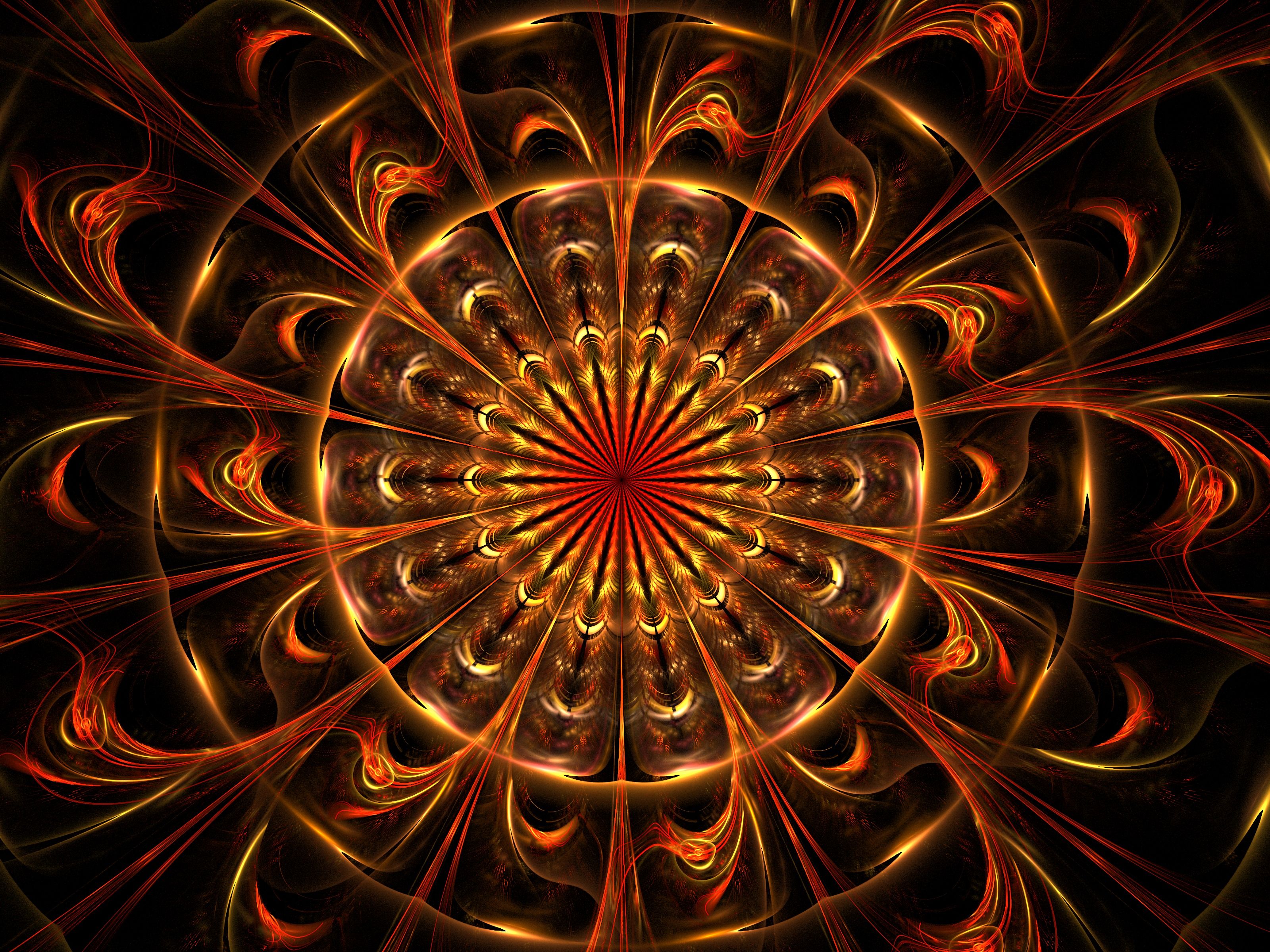 Fraktal, Mandala, Orange, Schwarzer Hintergrund, 2K Wallpaper