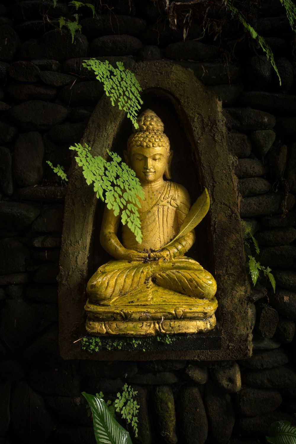 Goldene Buddha-Statue, Steinnische, Farn, Meditation, Dunkle Töne, HD, Handy-Hintergrund