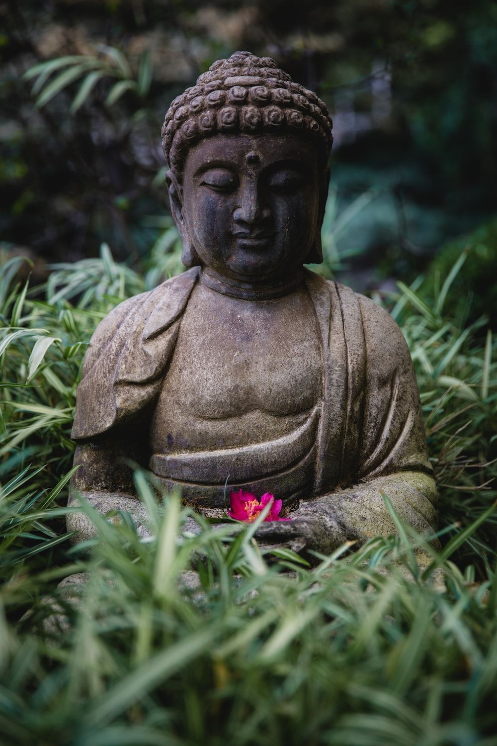 Steinerner Buddha, Garten, Gras, Meditation, Grüne Töne, HD, iPhone-Hintergrundbild