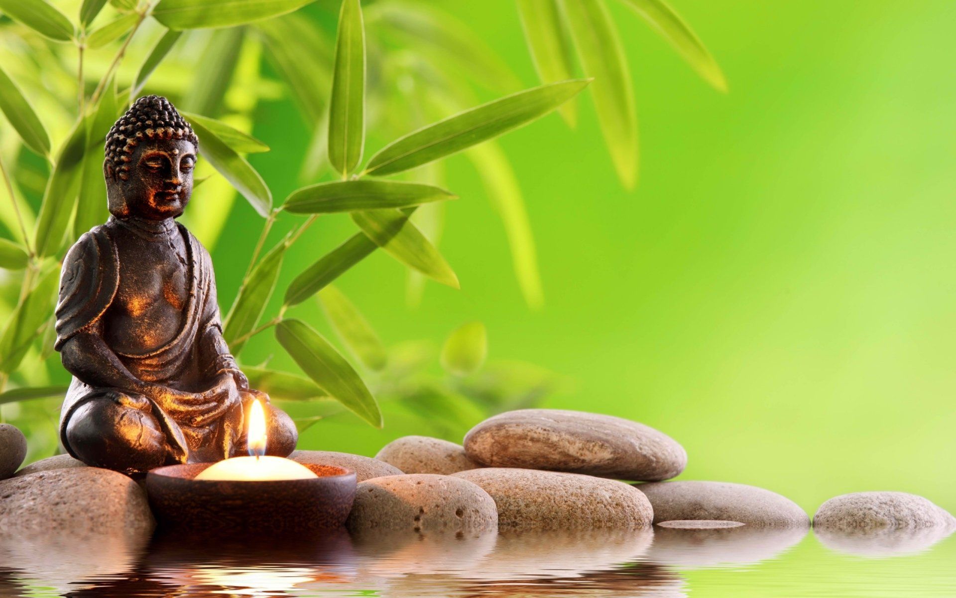 Buddha-Statue, Bambus, Zen-Steine, Kerze, Grüner Hintergrund, Full HD Wallpaper