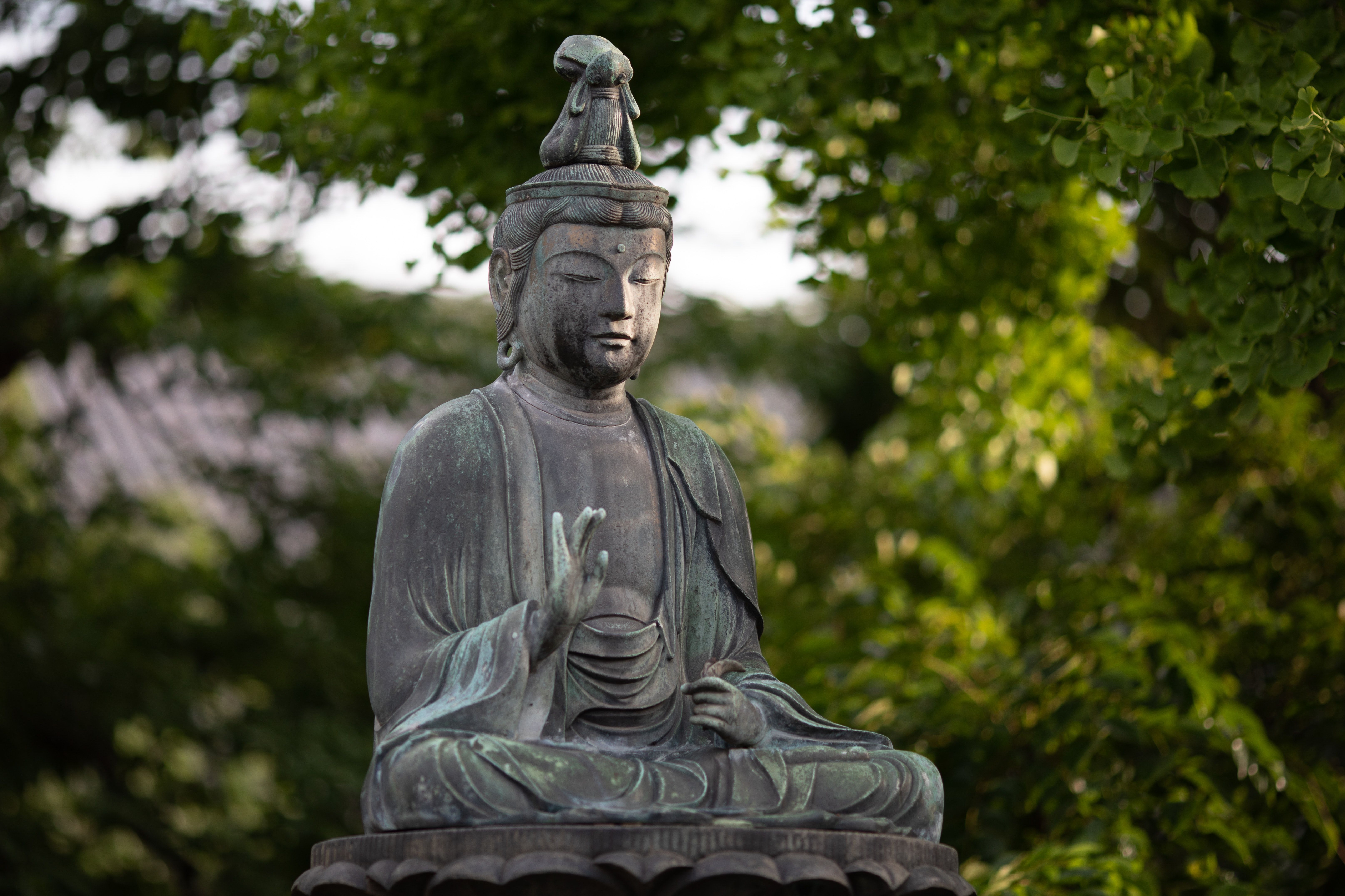 Steinerner Buddha, Bäume, Garten, Meditation, Grüne Töne, 6K, Laptop-Hintergrundbild
