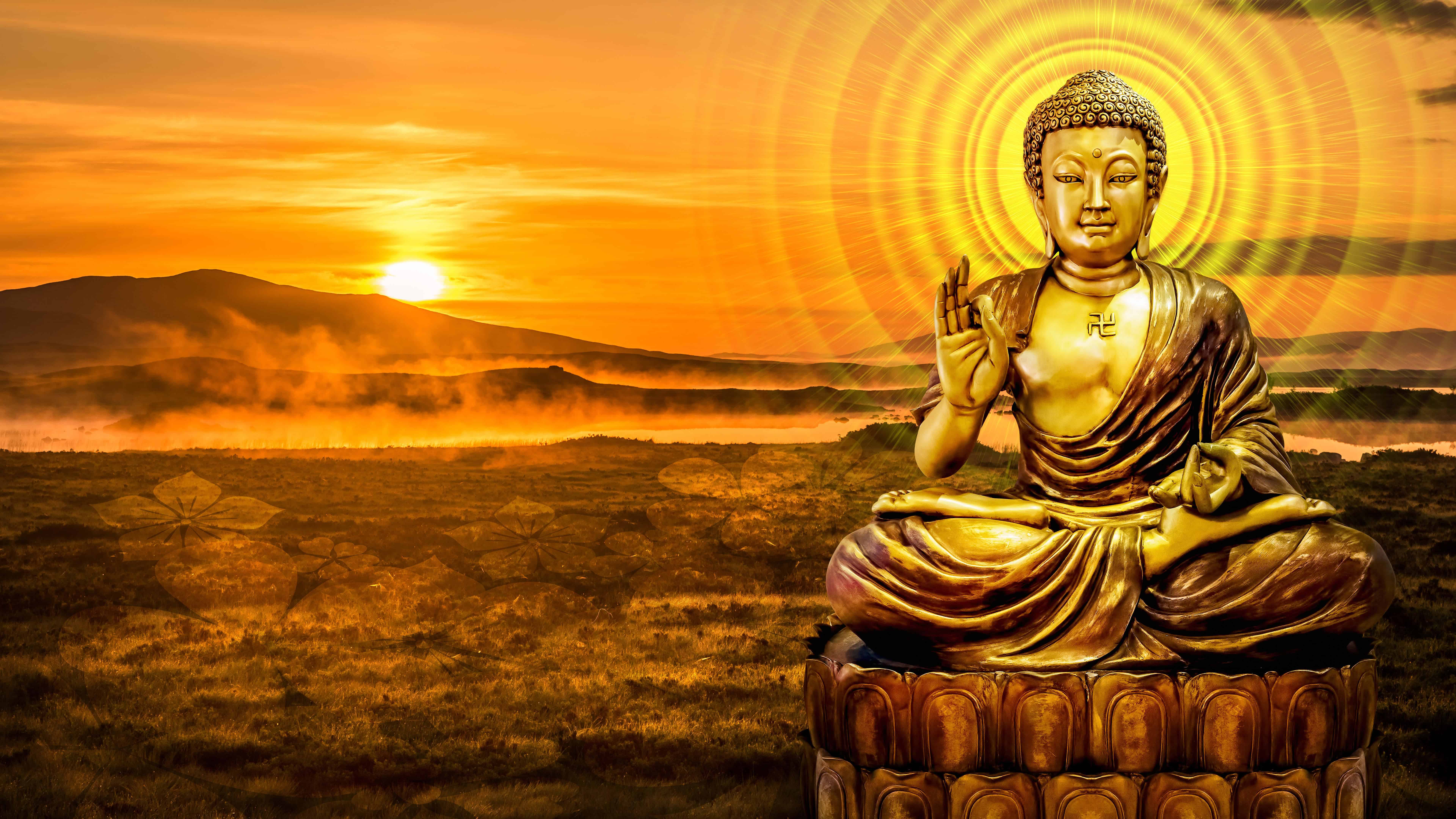 Goldener Buddha, Heiligenschein, Sonnenuntergang, Landschaft, Orange Töne, 7680x4320, Desktop-Hintergrund