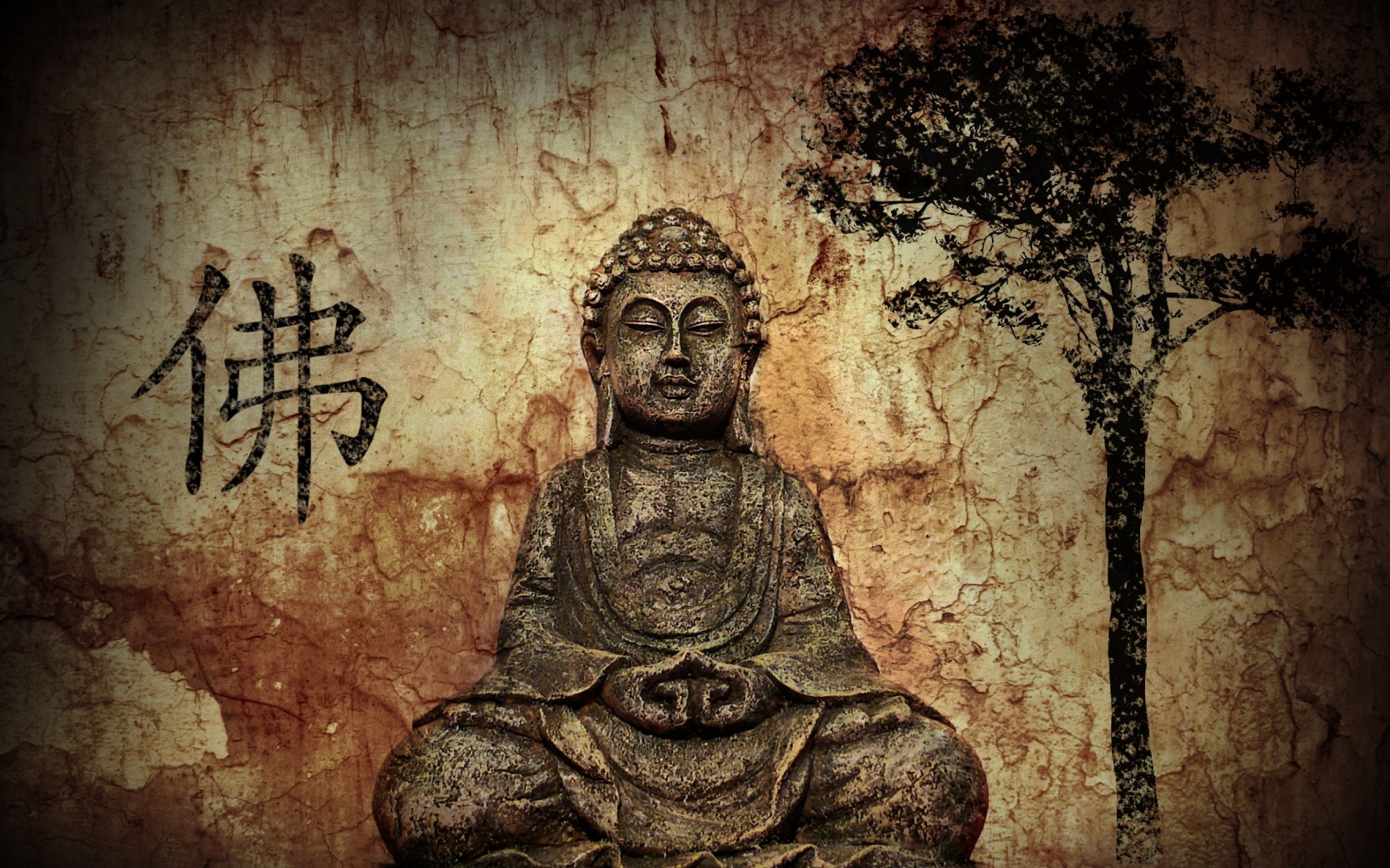 Buddha-Relief, Chinesisches Schriftzeichen, Baum, Steinwand, Vintage, 2K, PC-Hintergrundbild