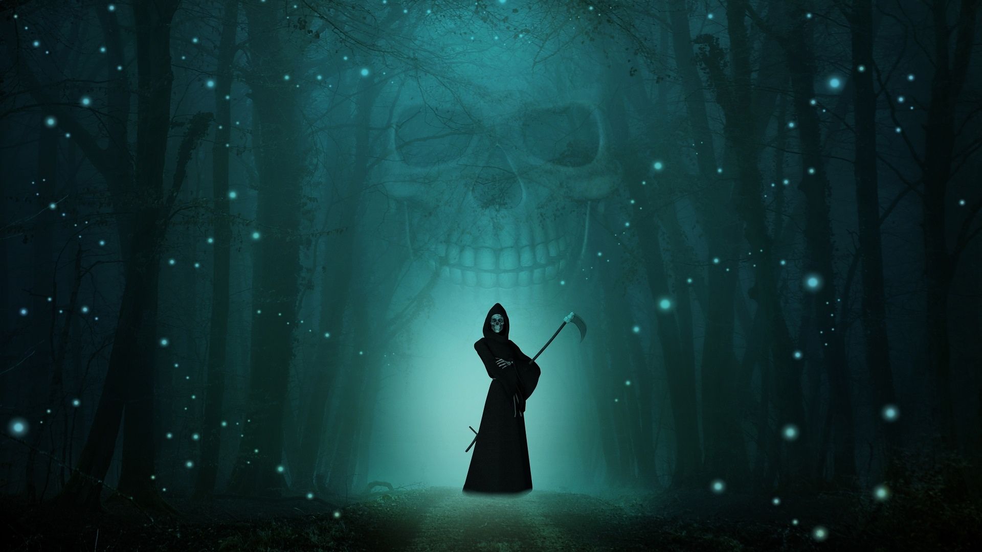 Sensenmann, Totenkopf, Nebelwald, Glühwürmchen, Türkis, 1920x1080, Full-HD-Hintergrundbild für PC
