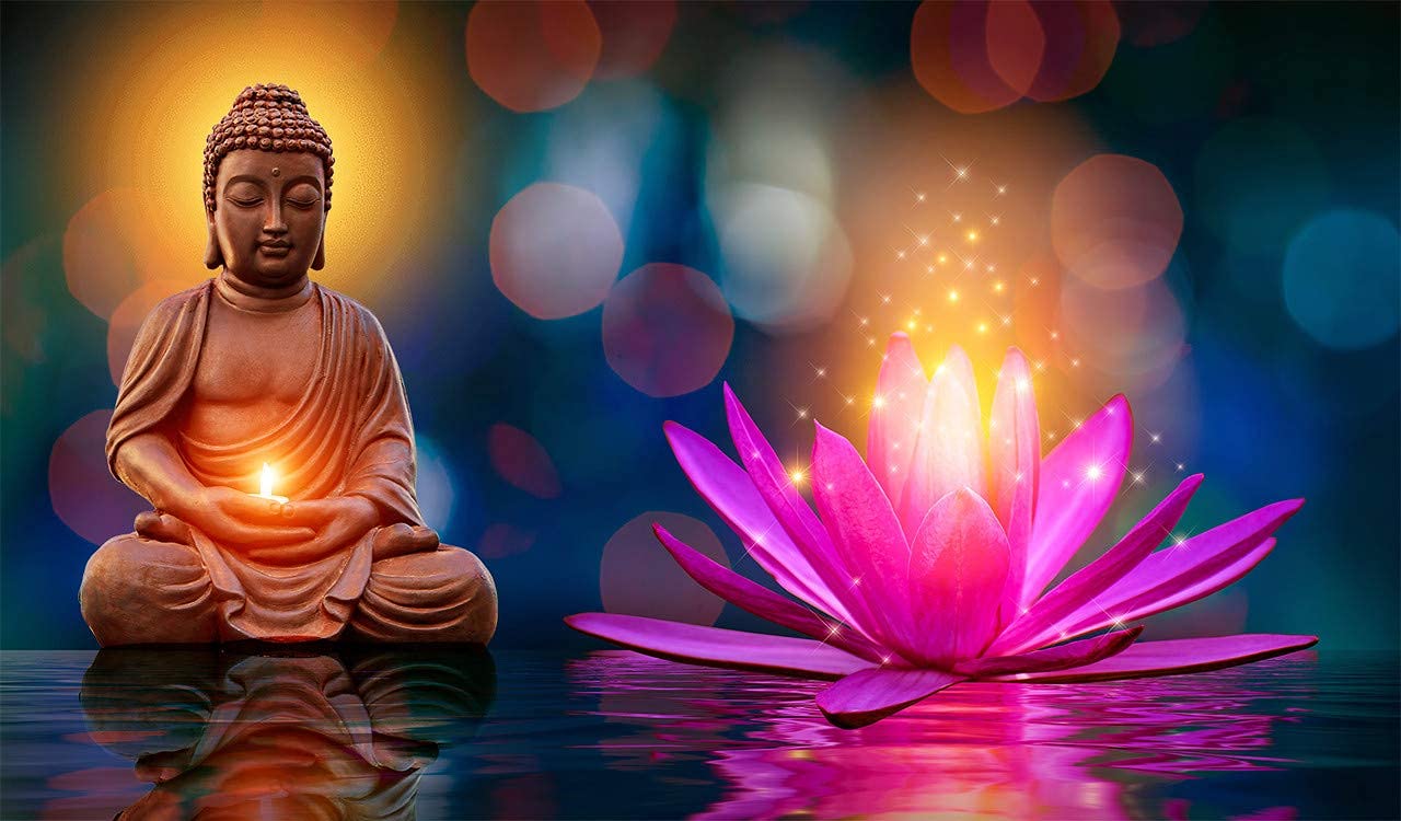 Buddha-Statue, Lotusblüte, Bokeh, Kerzenlicht, Bunte Lichter, HD, Laptop-Hintergrundbild
