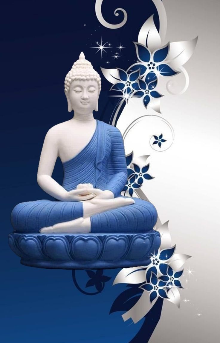 Blauer Buddha, Lotus, Blumenornamente, Illustration, Dunkelblaue Töne, Hintergrundbild fürs Handy