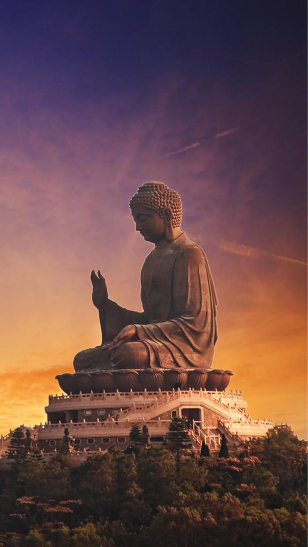 Tian Tan Buddha, Hongkong, Silhouette, Abenddämmerung, Lila Himmel, 1080x1920, Handy-Hintergrund