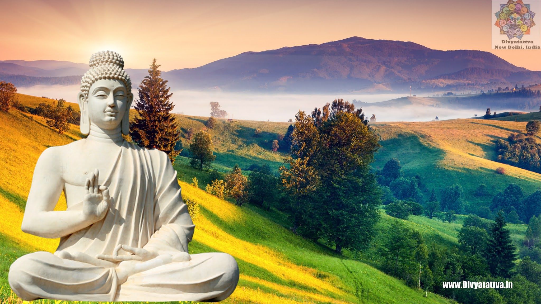 Weißer Buddha, Hügel, Landschaft, Berge, Nebel, 16:9, Full-HD-Hintergrundbild für den Desktop
