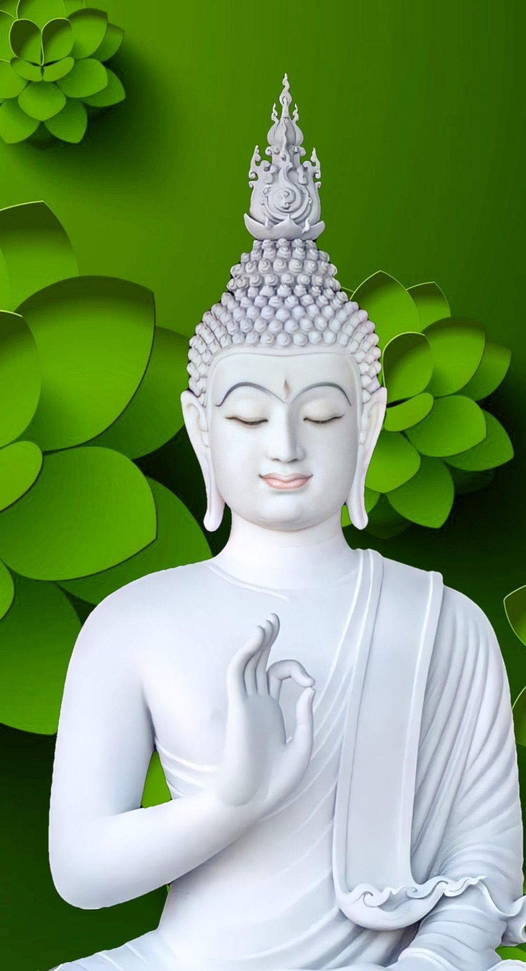 Weißer Buddha, Abhaya-Mudra, Grüne Blätter, Statue, Grüner Hintergrund, Sperrbildschirm fürs iPhone