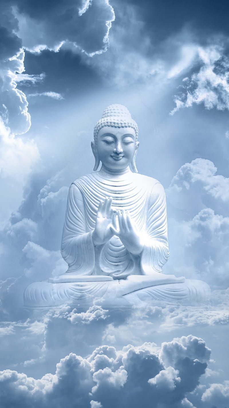 Weißer Buddha, Wolken, Himmel, Spirituell, Blaue Töne, HD, Handy-Hintergrund im Hochformat