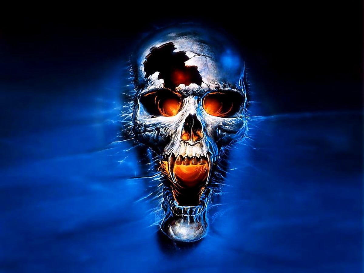 Totenkopf, Feuer, Blau, Glühende Augen, Fantasie, Hintergrundbild für iPad und Tablet