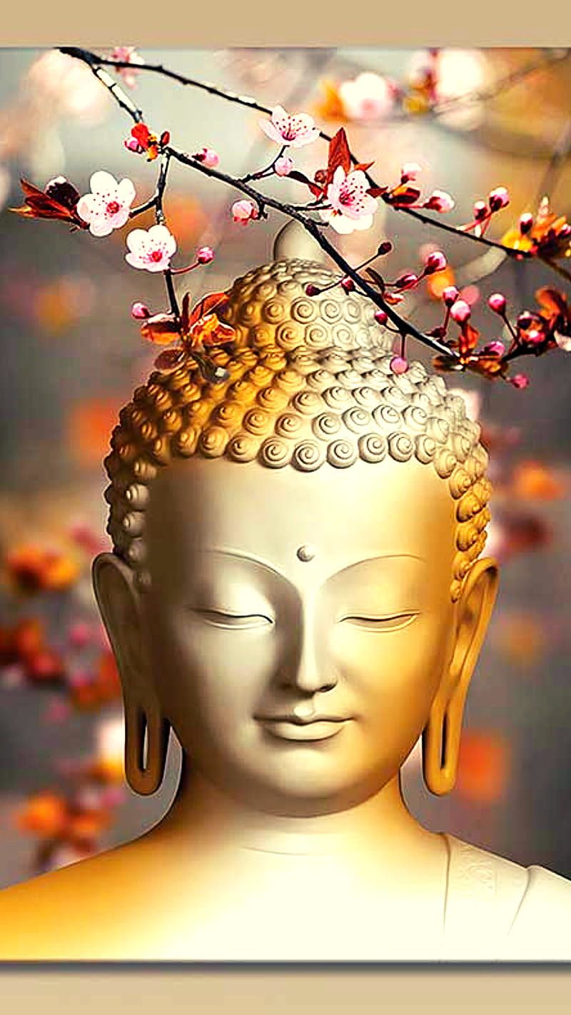 Goldener Buddha-Kopf, Kirschblüten, Nahaufnahme, Geschlossene Augen, Goldene Töne, Hochformat-Hintergrundbild
