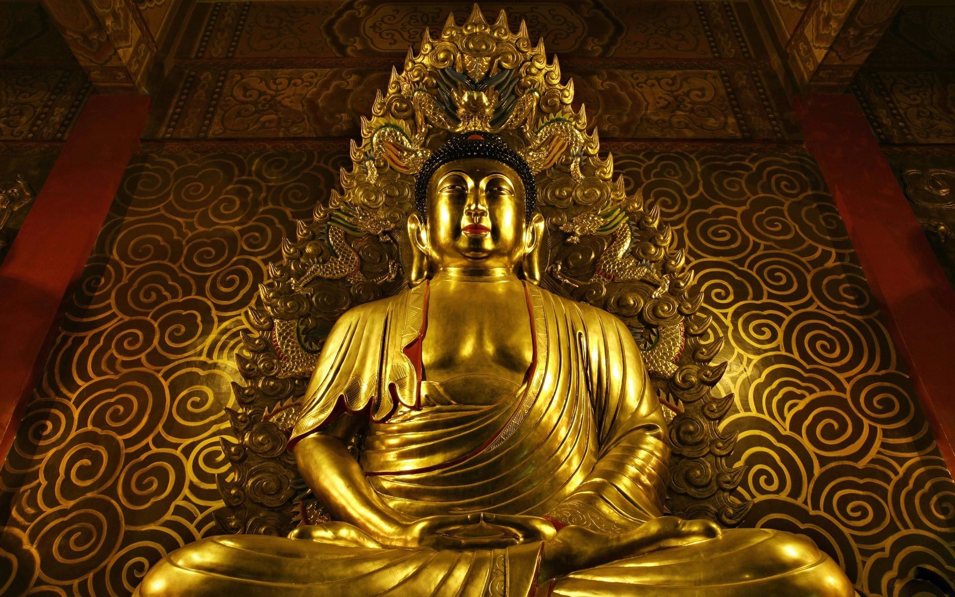 Goldener Buddha, Tempel, Ornamente, Buddhistische Kunst, Goldene Töne, Full HD, Breitbild-Hintergrundbild