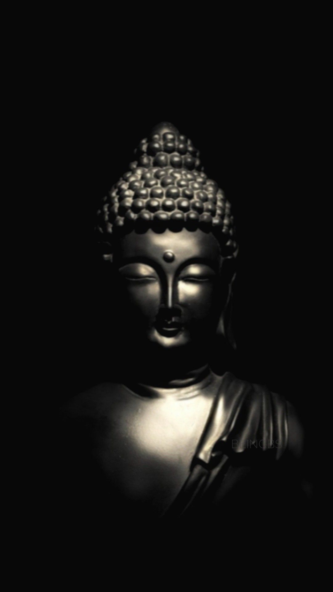Buddha-Statue, Schwarzer Hintergrund, Lichtkegel, Minimalismus, Dunkle Töne, Sperrbildschirm