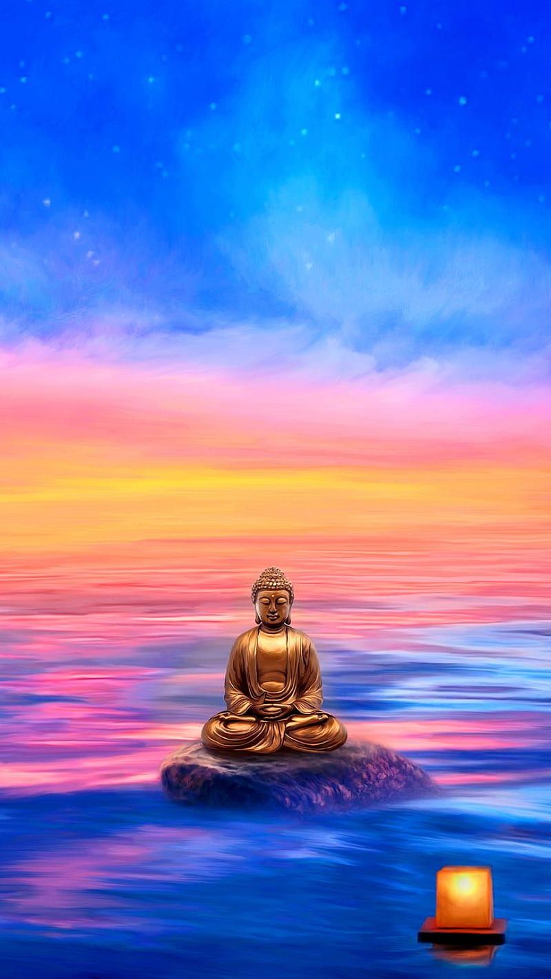 Buddha, Meer, Sonnenuntergang, Laterne, Bunter Himmel, Hochformat, Hintergrundbild fürs Smartphone