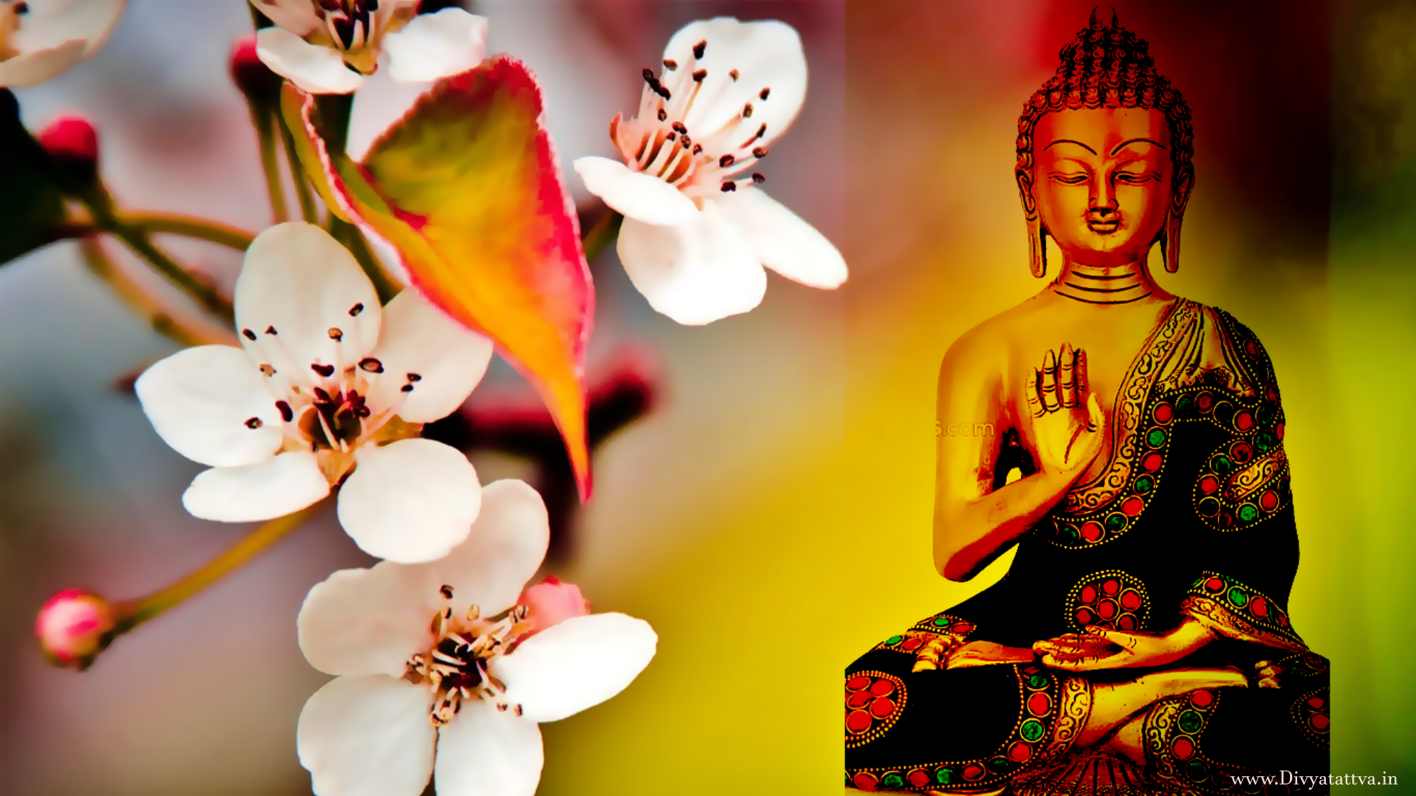 Buddha-Statue, Blüten, Nahaufnahme, Bokeh, Gelbe Töne, Full HD, Desktop-Hintergrund für Windows