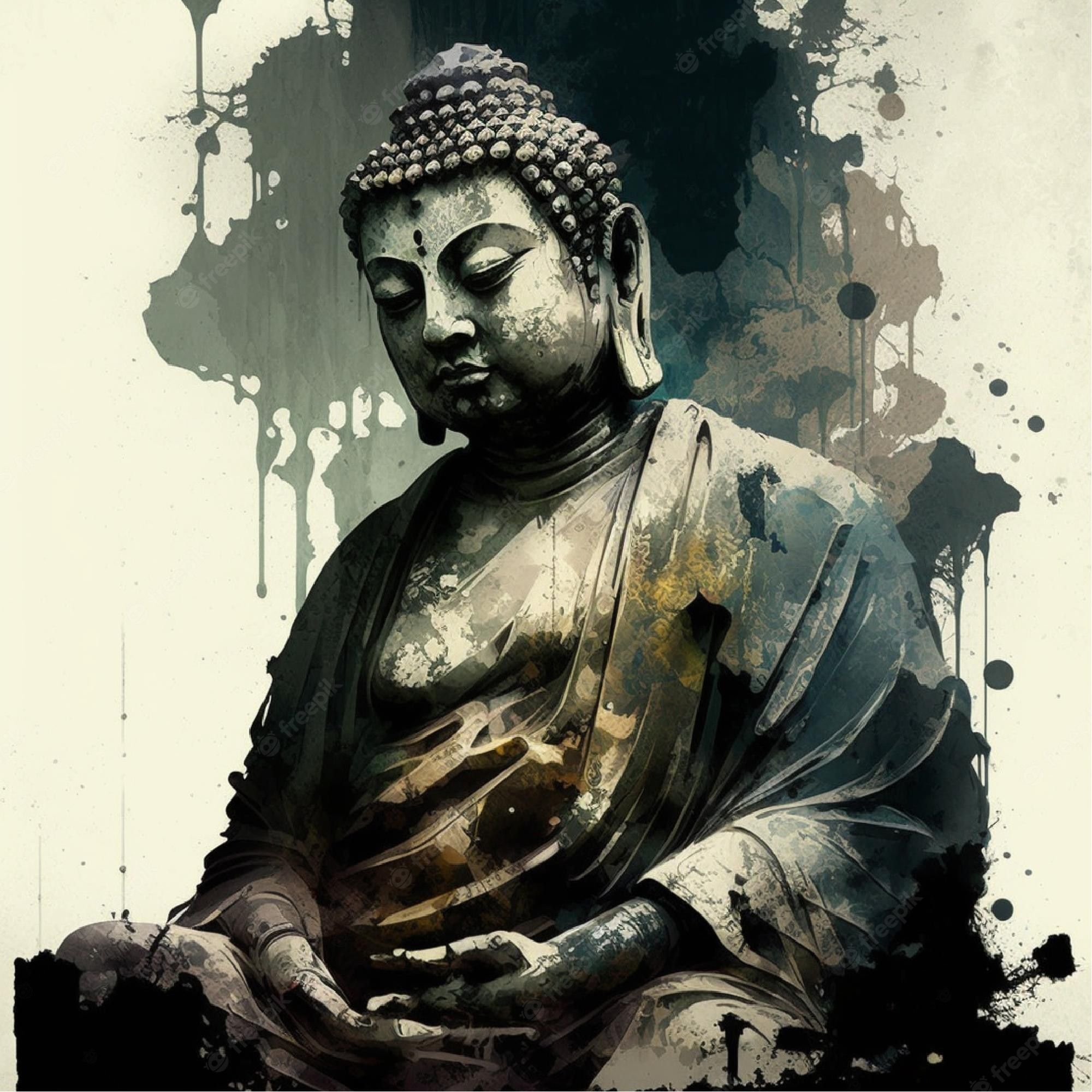 Buddha, Tuschemalerei, Farbspritzer, Kunst, Dunkle Töne, Full HD, Tablet-Hintergrund