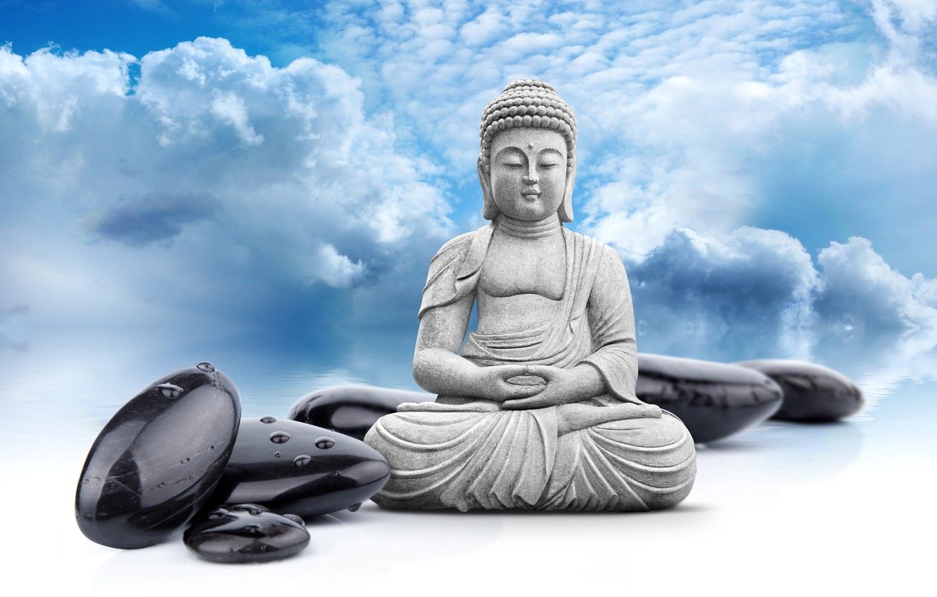 Weißer Buddha, Zen-Steine, Wolken, Meditation, Helle Töne, HD-Hintergrundbild für PC