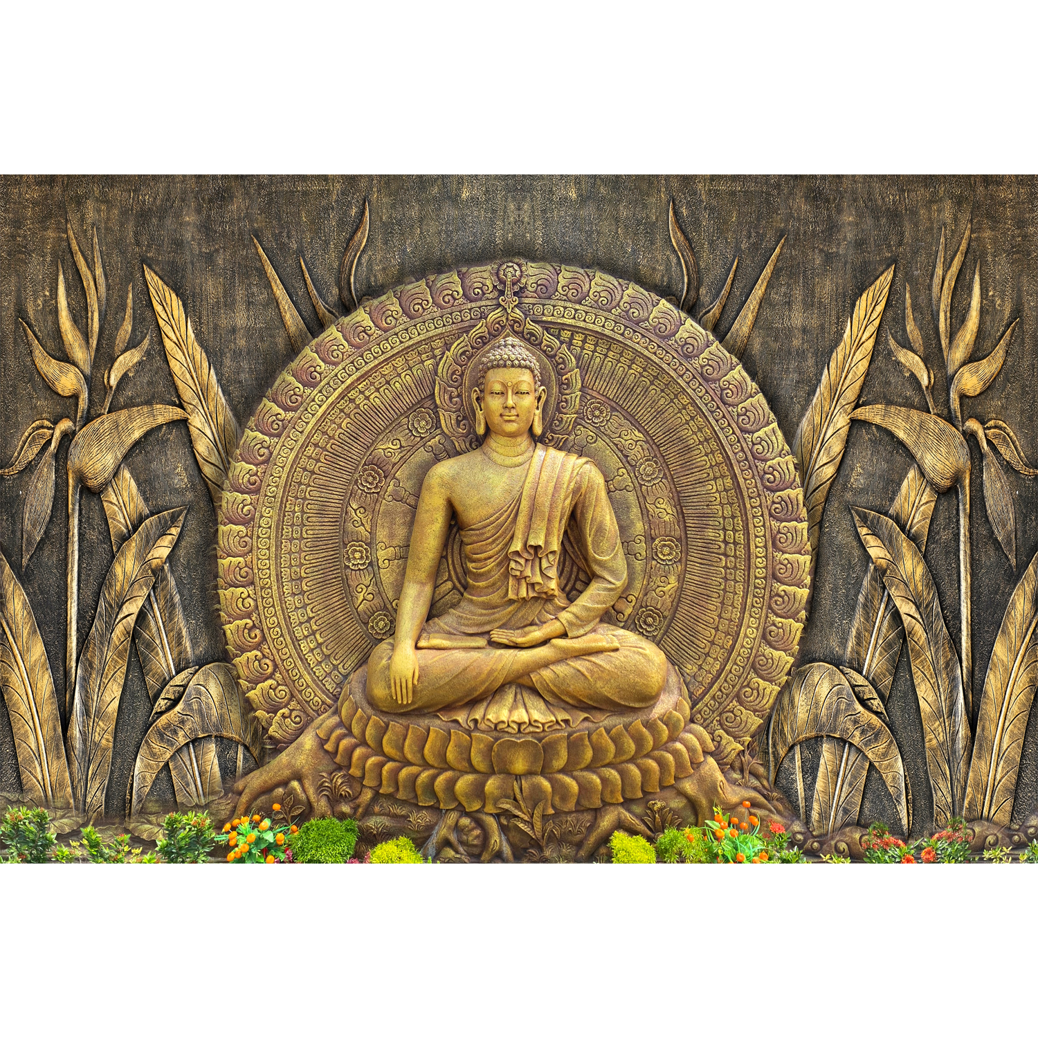 Buddha-Relief, Holzschnitzerei, Blätter, Buddhistische Kunst, Braune Töne, HD, Tablet-Hintergrund