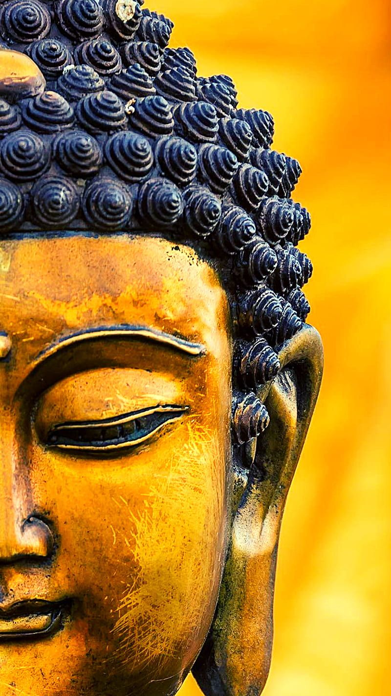 Buddha-Gesicht, Goldene Statue, Nahaufnahme, Geschlossene Augen, Orange Töne, Handy-Hintergrundbild