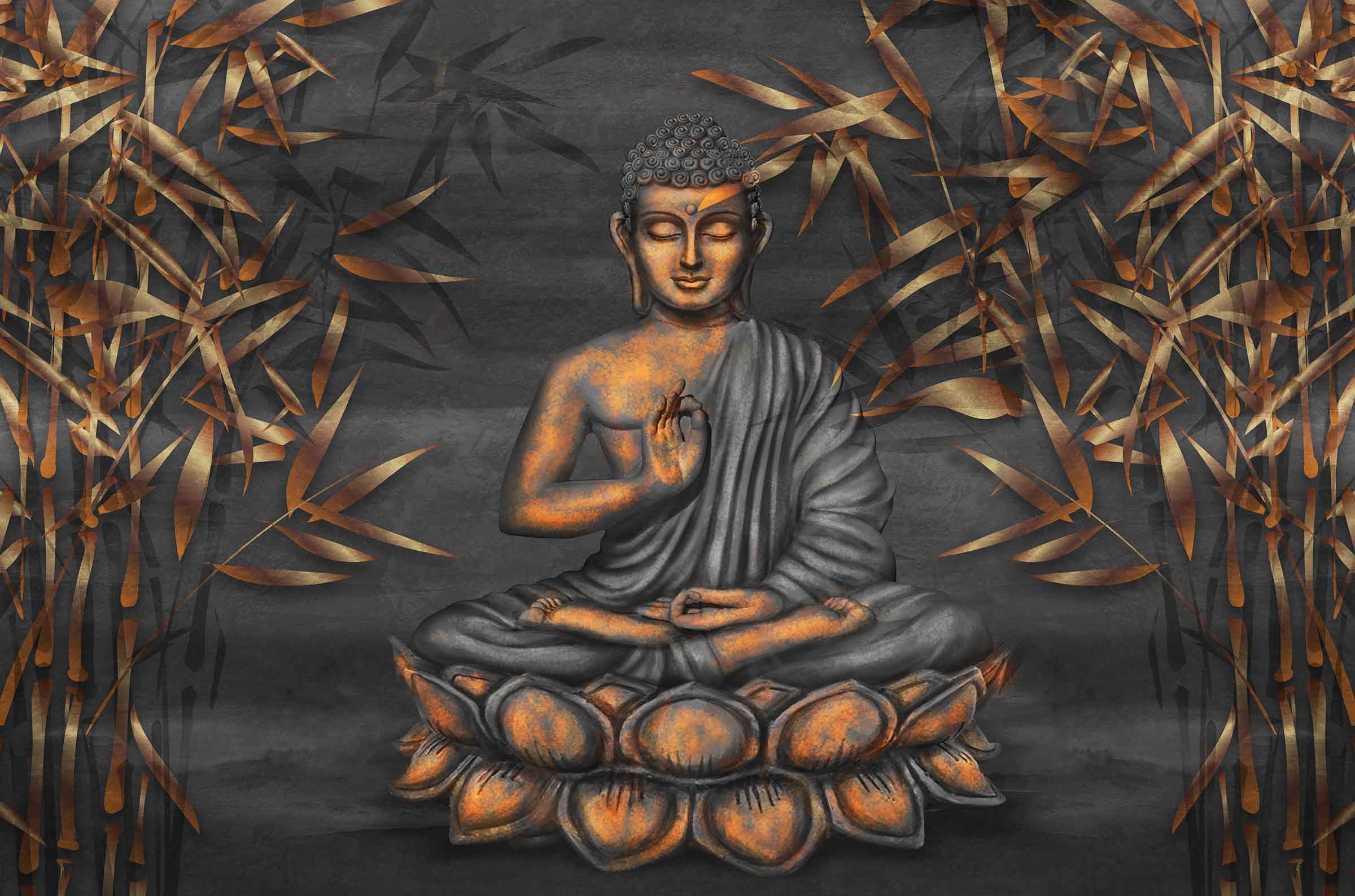 Buddha, Lotus, Bambus, 3D-Kunst, Graue Töne, Full HD, Desktop-Hintergrund für Windows