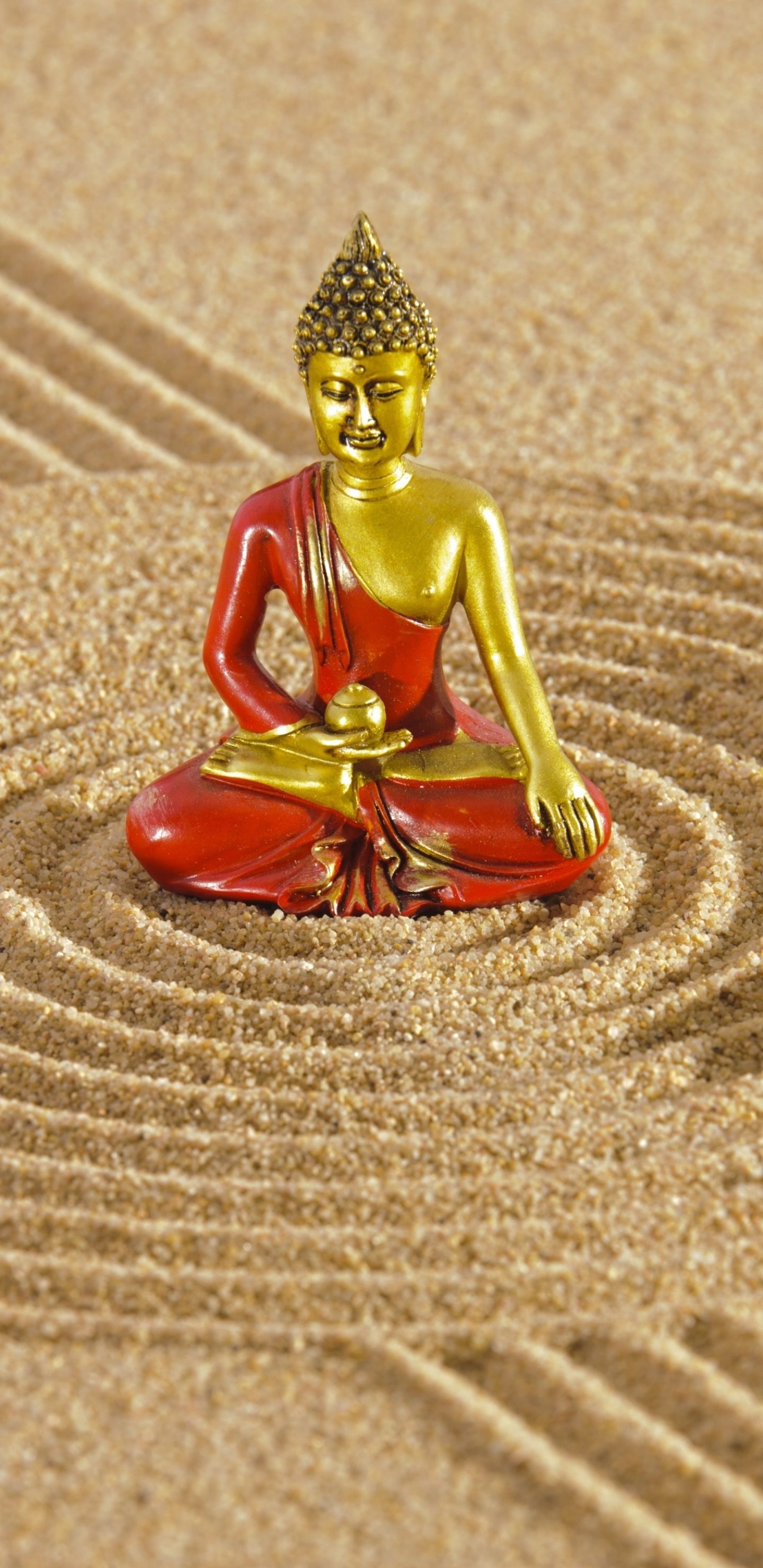 Buddha-Figur, Zen-Garten, Sand, Muster, Beige, QHD+, Hintergrundbild fürs Handy