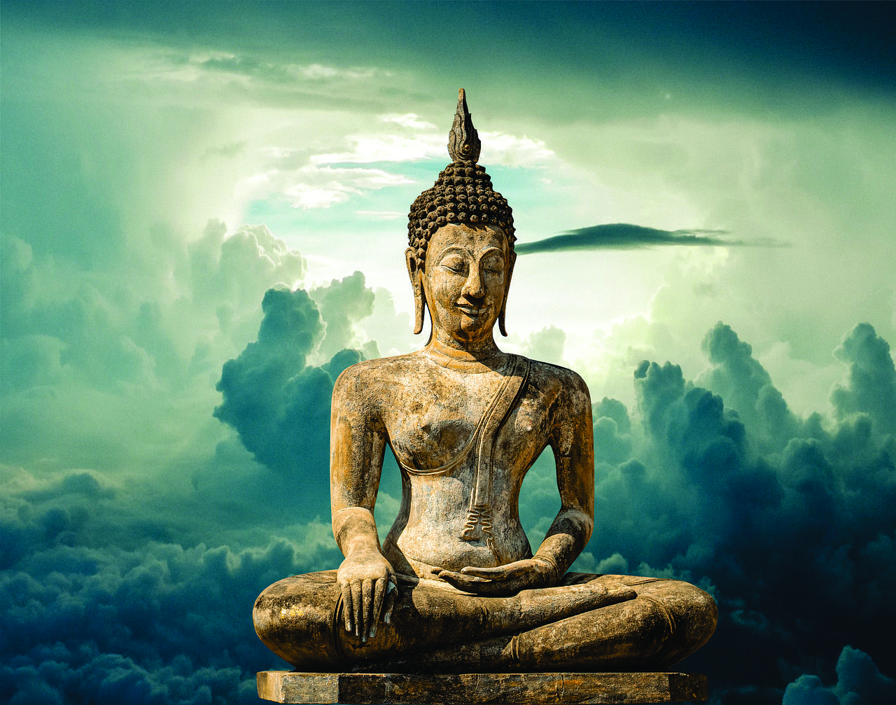 Buddha-Statue, Wolken, Dramatischer Himmel, Meditation, Türkise Töne, HD, PC-Hintergrundbild