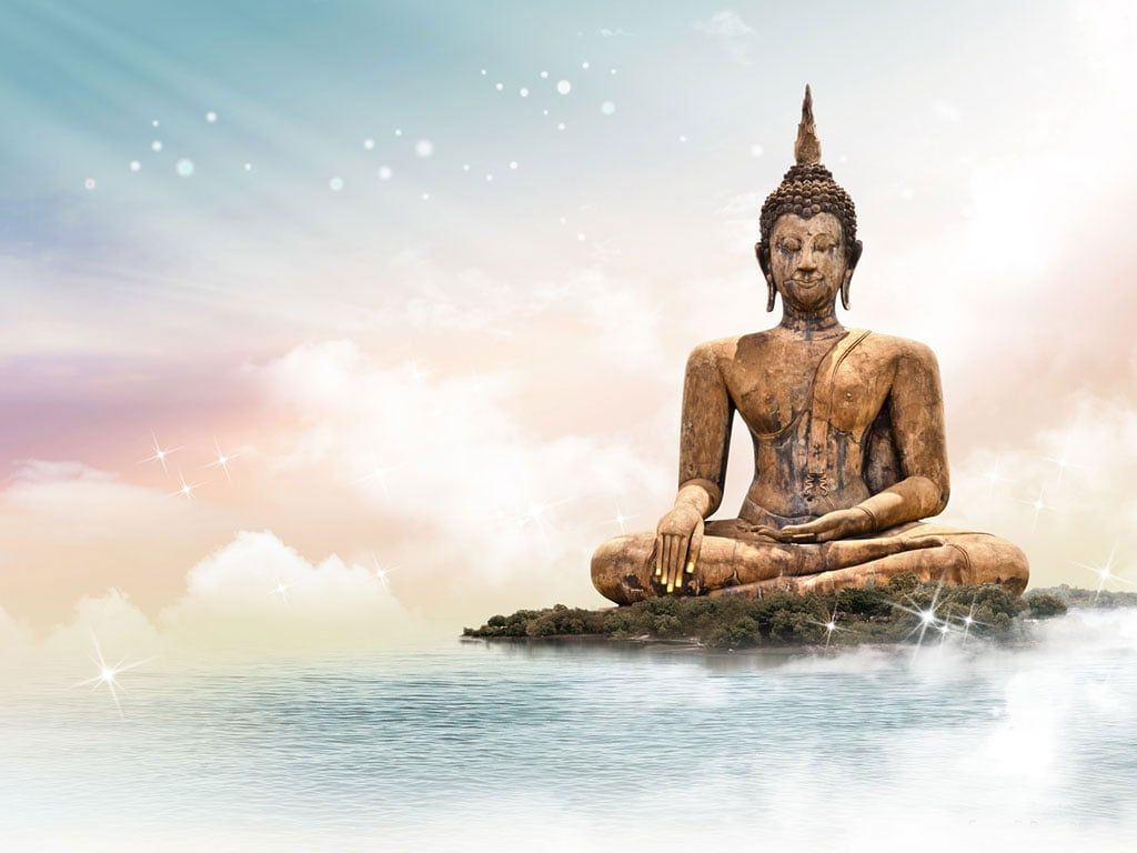 Buddha-Statue, Felsen, Wasser, Wolken, Pastelltöne, Hintergrundbild für iPad und Tablet