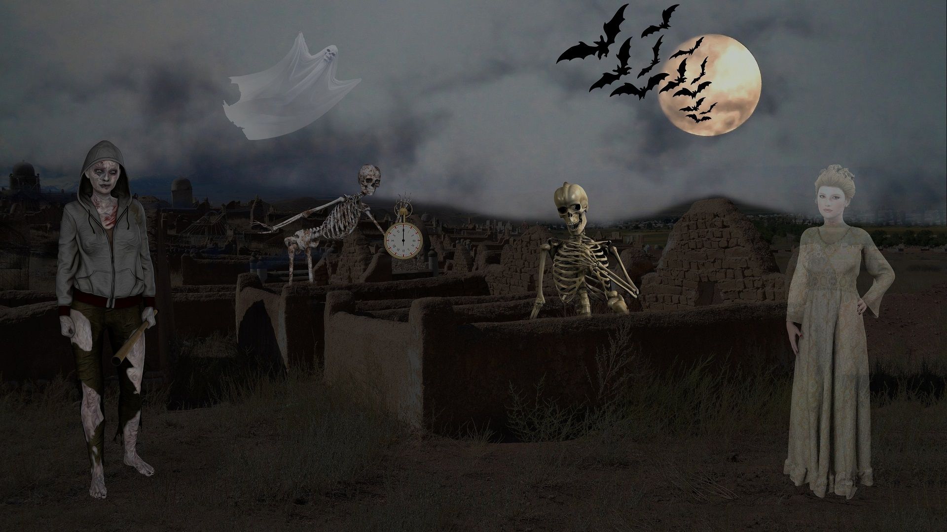 Friedhof, Zombies, Skelett, Geister, Vollmond, Fledermäuse, Full-HD-Hintergrundbild für PC