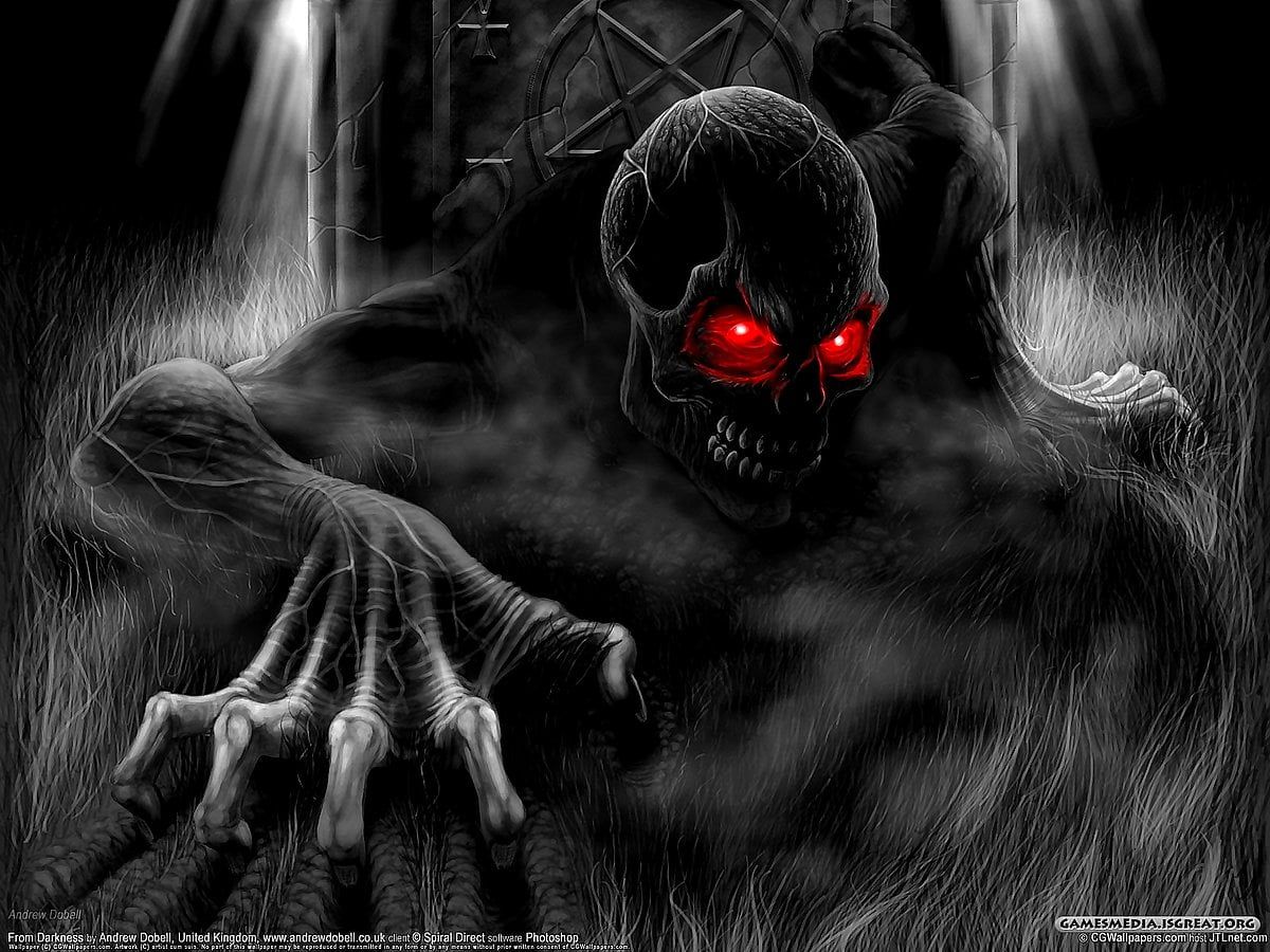 Dämon, Totenkopf, Rote Augen, Krallen, Schwarz-Weiß, Hintergrundbild für iPad und Tablet