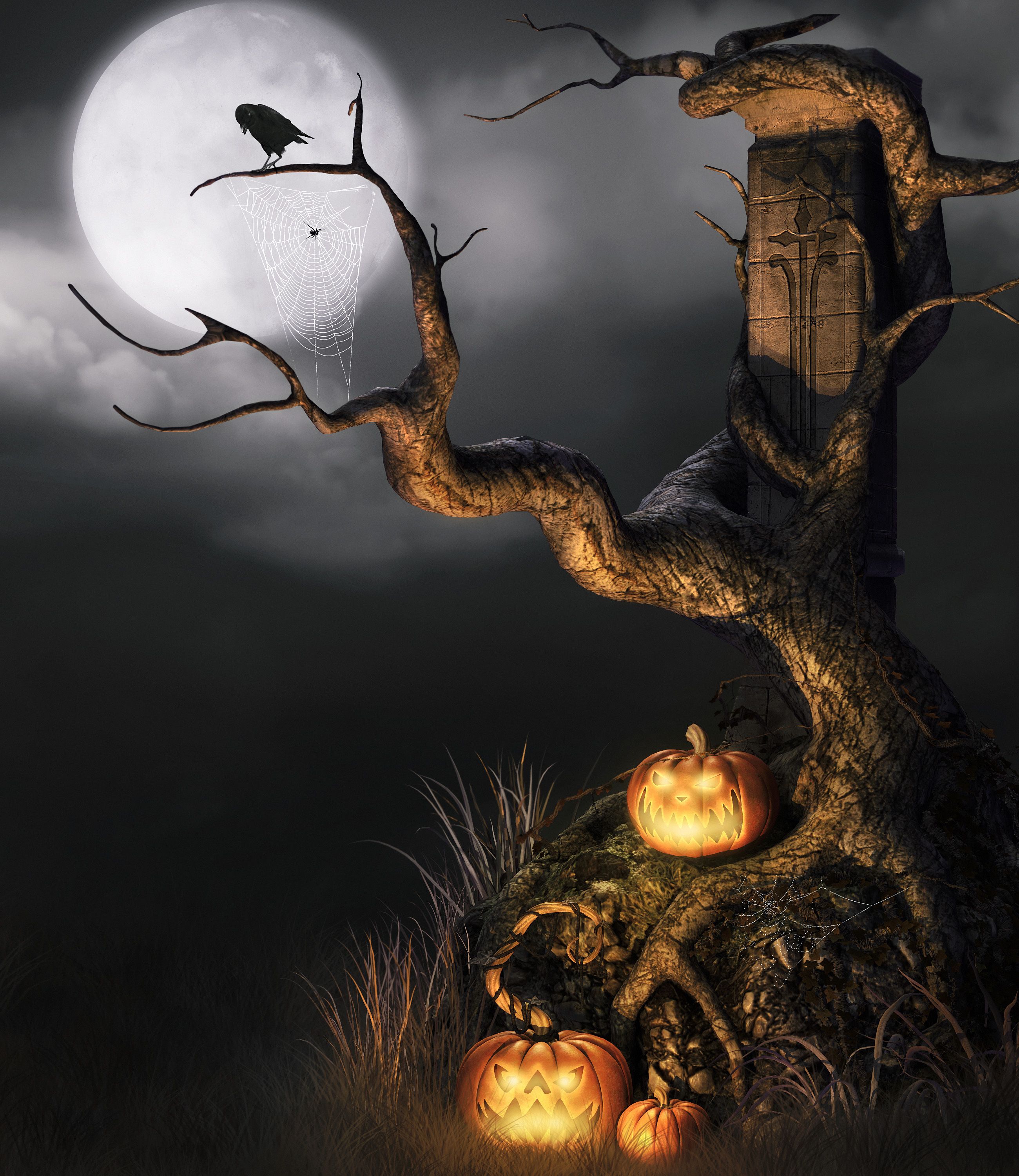 Kürbisse, Halloween, Vollmond, Kahler Baum, Rabe, QHD+, iPad-Hintergrundbild