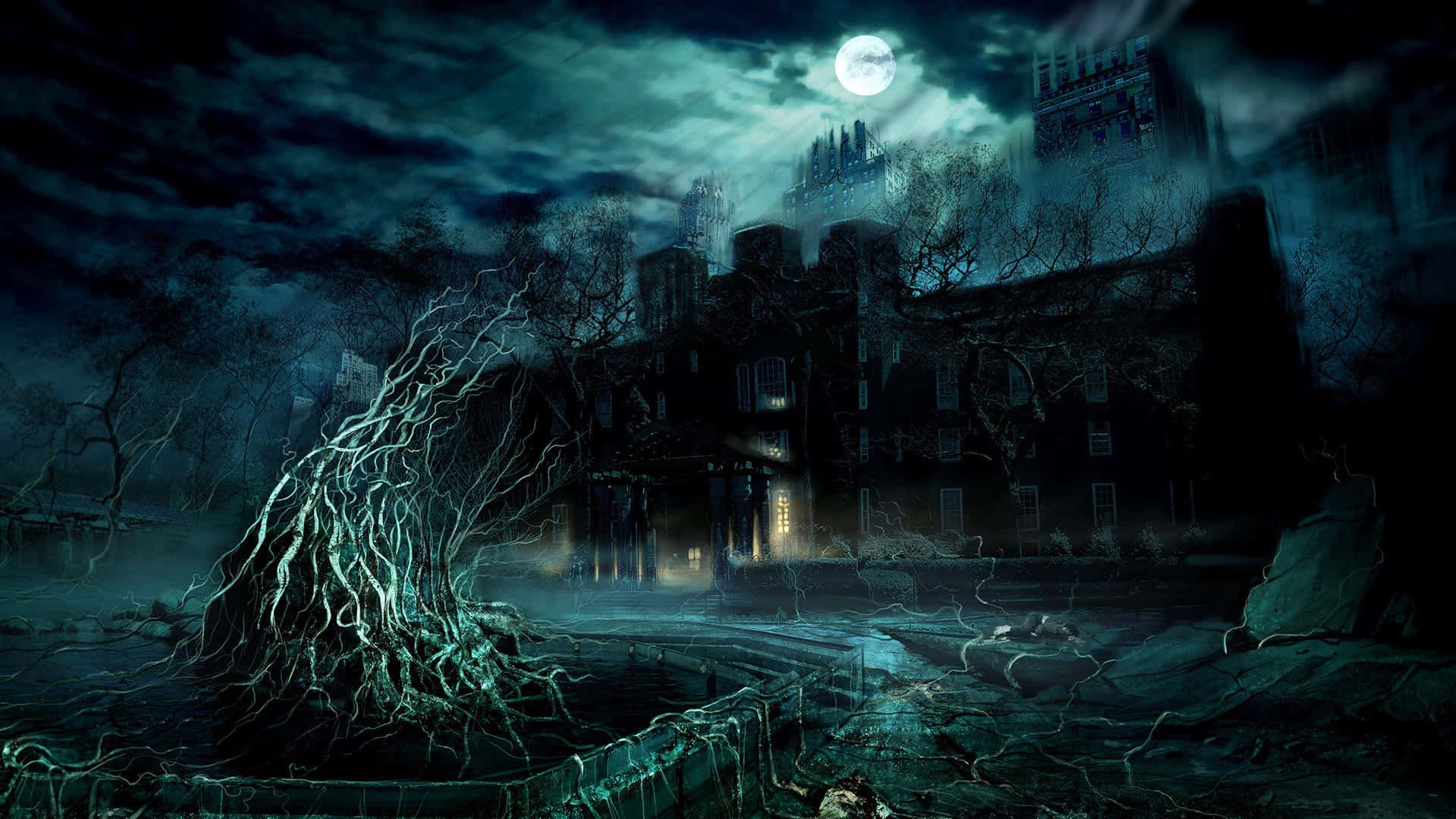 Spukschloss, Vollmond, Nacht, Knorrige Äste, Düster, 1920x1080, Full-HD-Hintergrundbild für PC