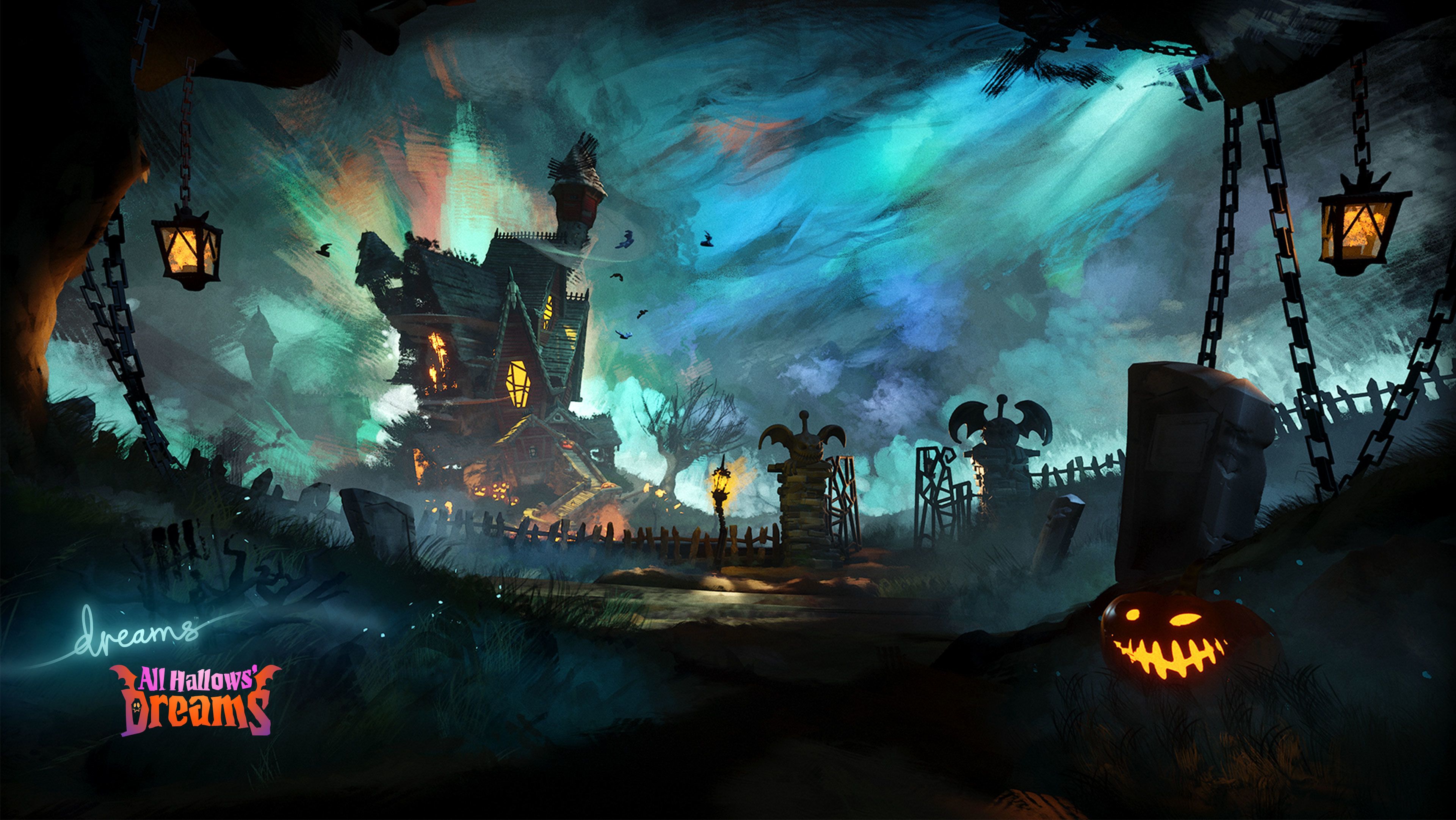 Halloween, Spukhaus, Kürbis, Laternen, Friedhof, Fantasie, 4K, PC-Hintergrundbild