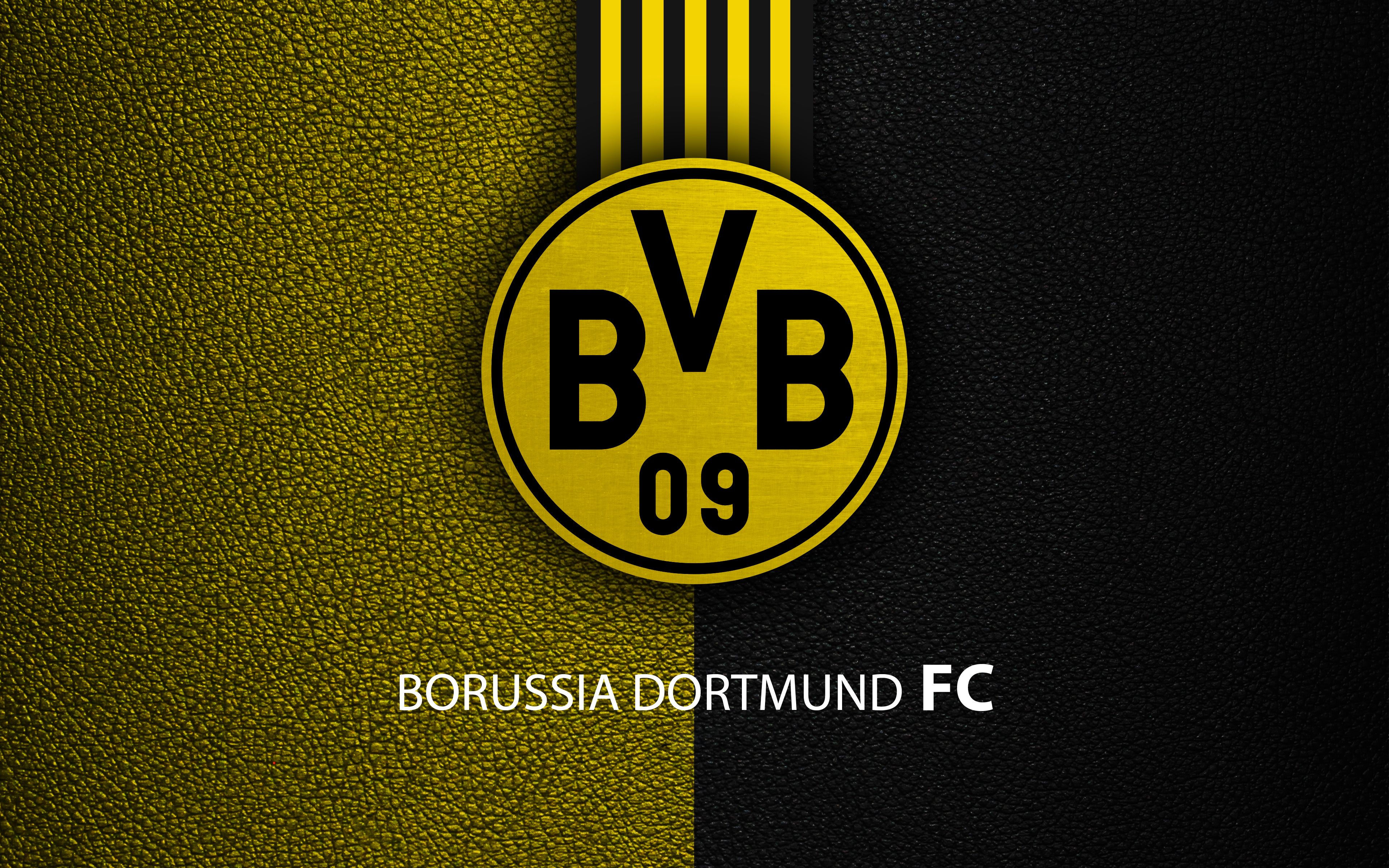 BVB-Logo, Borussia Dortmund, Lederstruktur, Schwarz-gelb, Streifen, 4K, Breitbild-Hintergrundbild