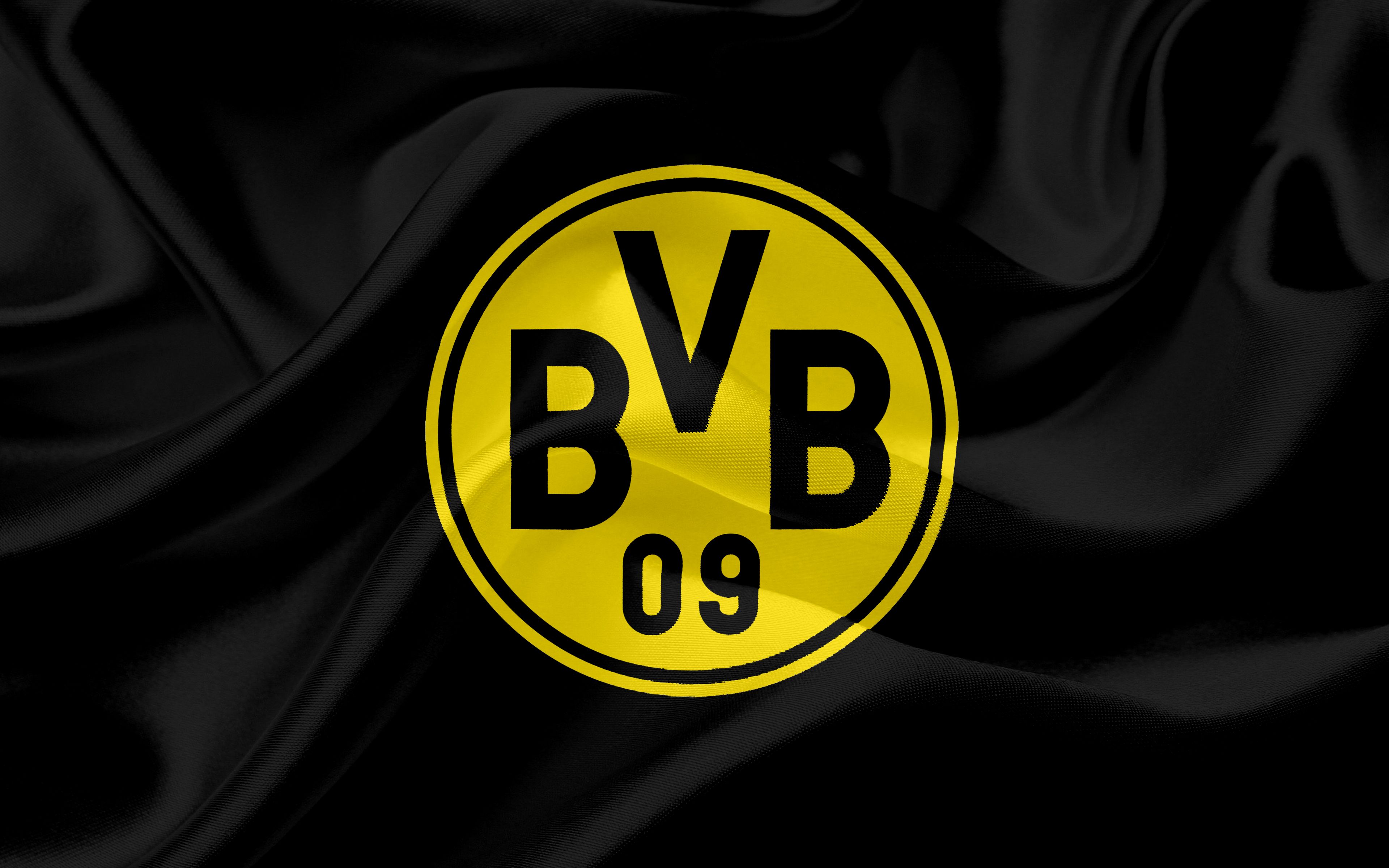 BVB-Logo, Seidenstoff, Schwarzer Hintergrund, Falten, 4K Wallpaper