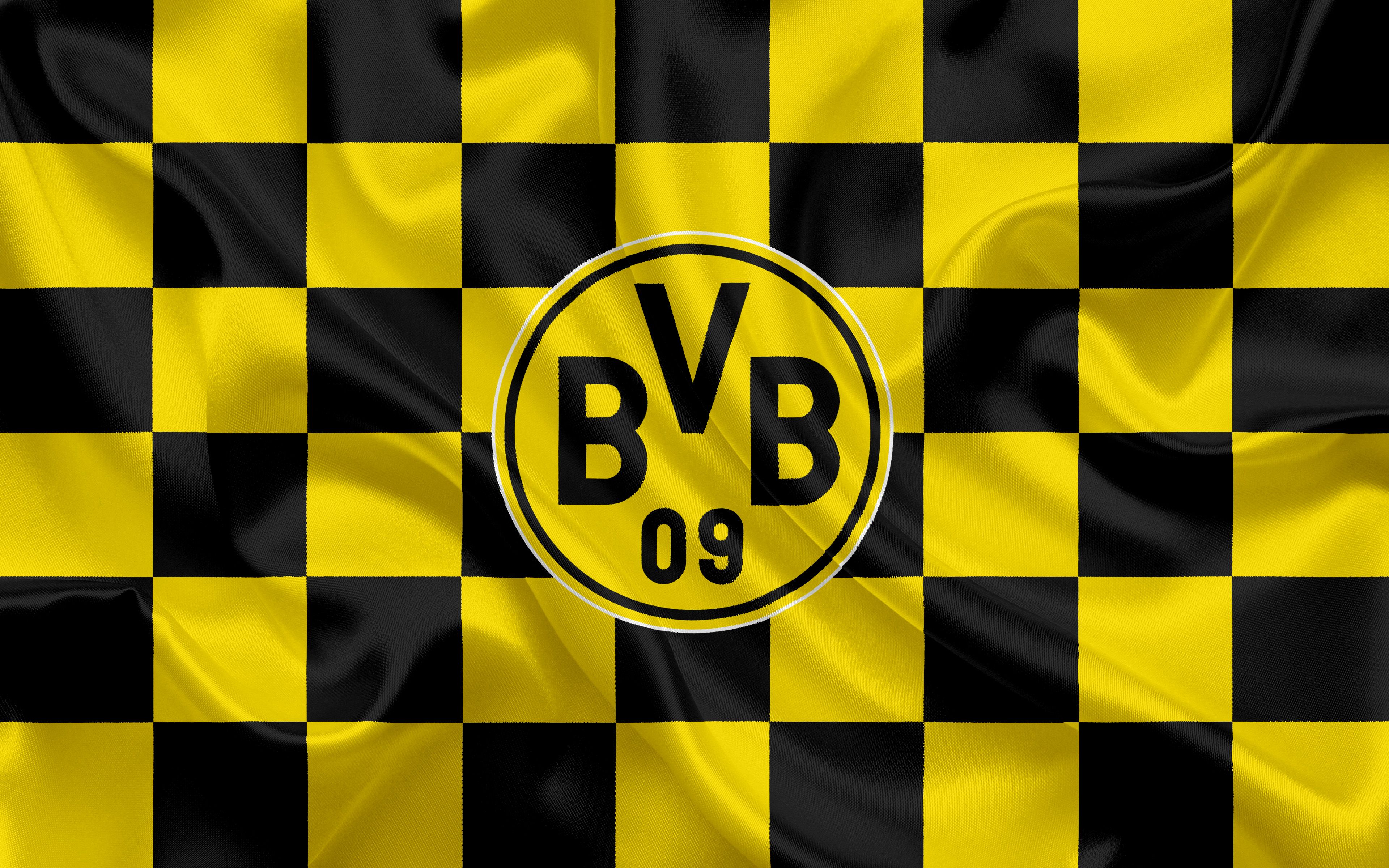 BVB-Logo, Fahne, Schachbrettmuster, Schwarz-gelb, 4K, Hintergrundbild für den PC